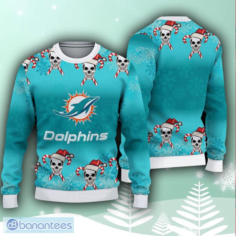 Miami Dolphins Christmas Skull Halloween Ugly Christmas Sweater -  YesItCustom