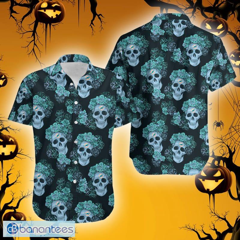 Miami Dolphins Mystery Skull And Flower Funny Hawaiian Shirt Gift Halloween  - Banantees