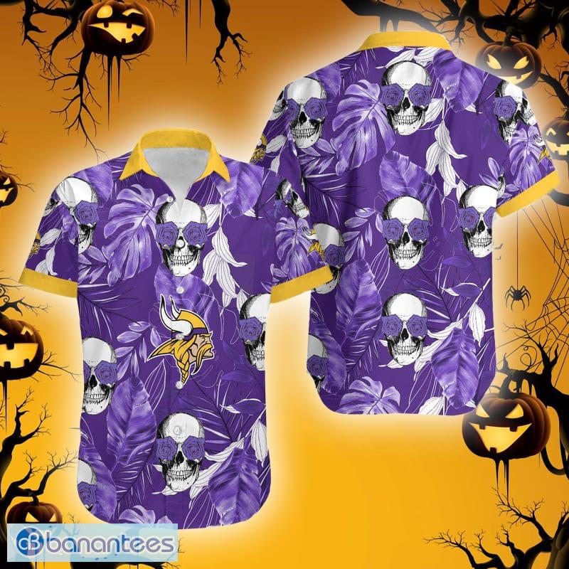 Minnesota Vikings Skull And Flower Halloween Hawaiian Shirt For Men And  Women - Banantees