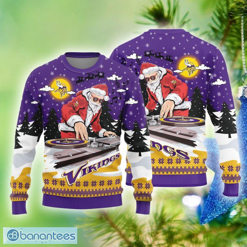 Minnesota Vikings Logo Knitted Funny DJ Santa Ugly Christmas Sweater -  Banantees