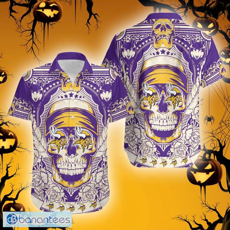 Minnesota Vikings Skull And Flower Halloween Hawaiian Shirt For Men And  Women - Banantees