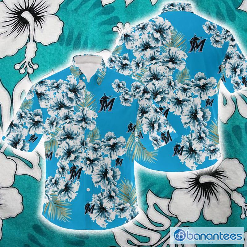 MLB Miami Marlins Hibiscus Flower Blue 3D Hawaiian Shirt For Fans