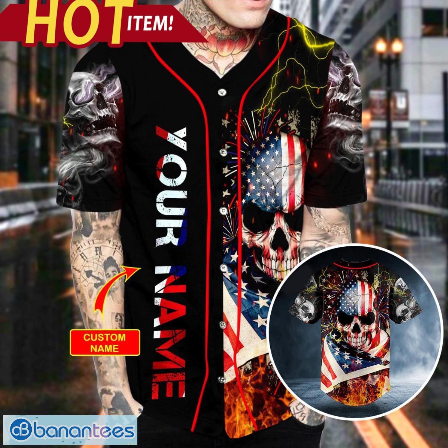 American Flag Firework Lightning Fire Skull Custom Name All Over Print Baseball Jersey Shirt Product Photo 2