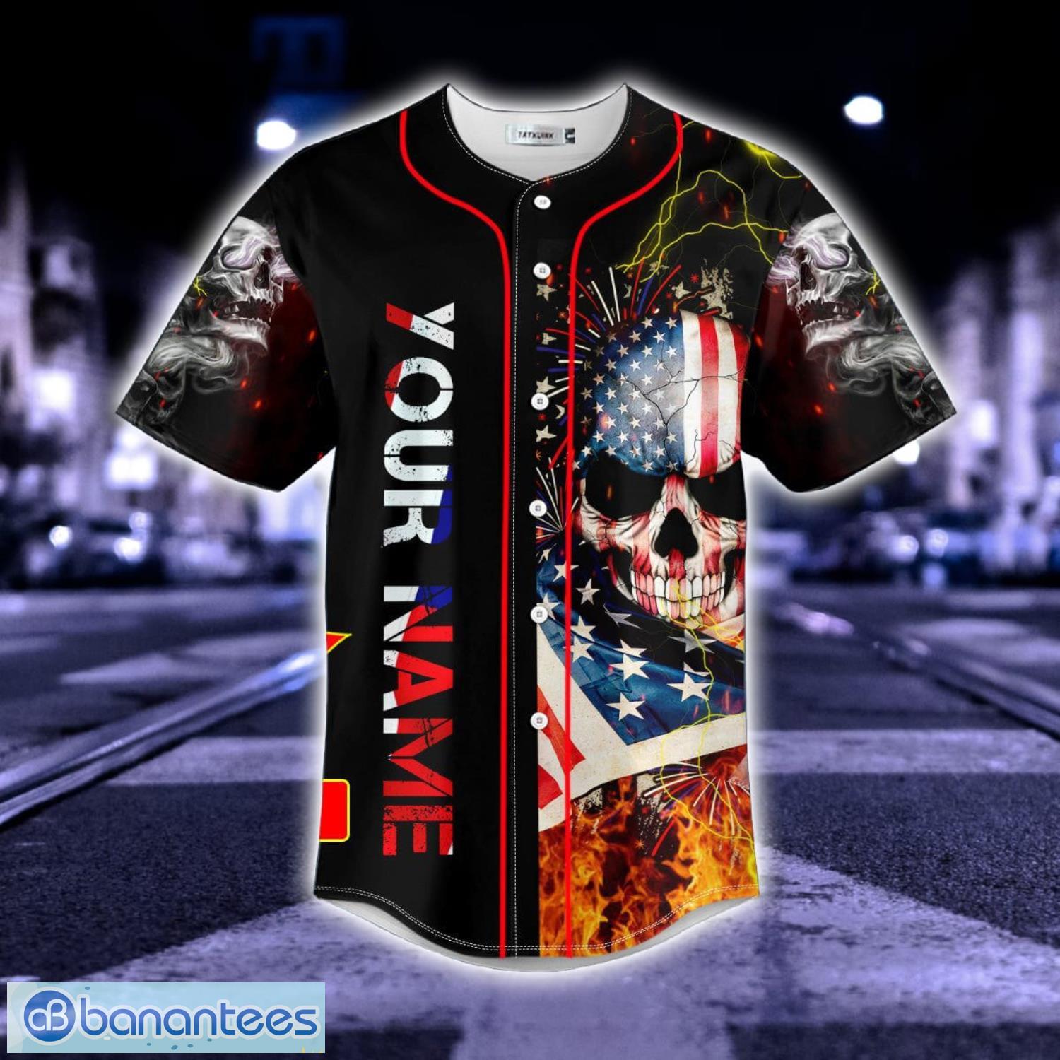 American Flag Firework Lightning Fire Skull Custom Name All Over Print Baseball Jersey Shirt Product Photo 3