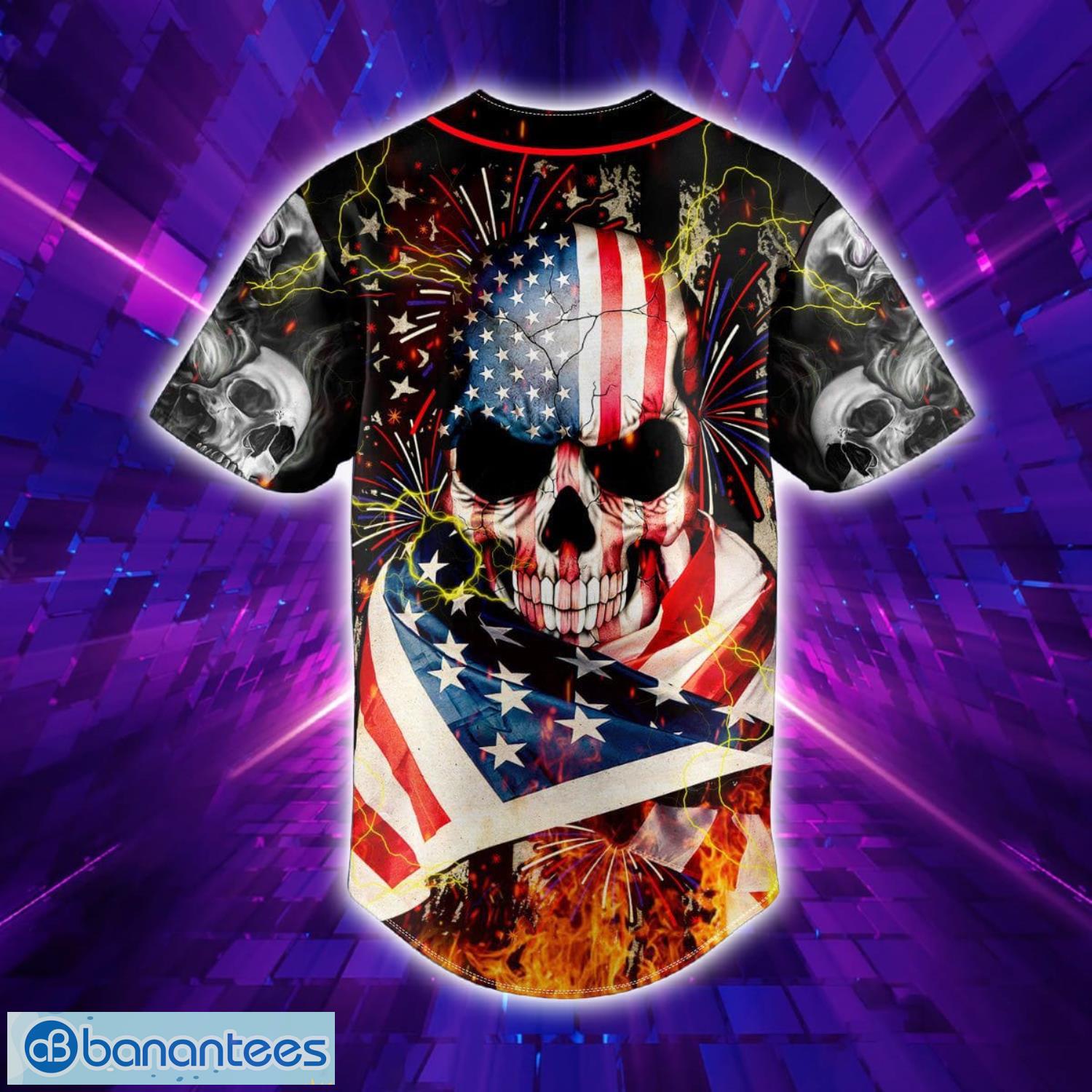 American Flag Firework Lightning Fire Skull Custom Name All Over Print Baseball Jersey Shirt Product Photo 4