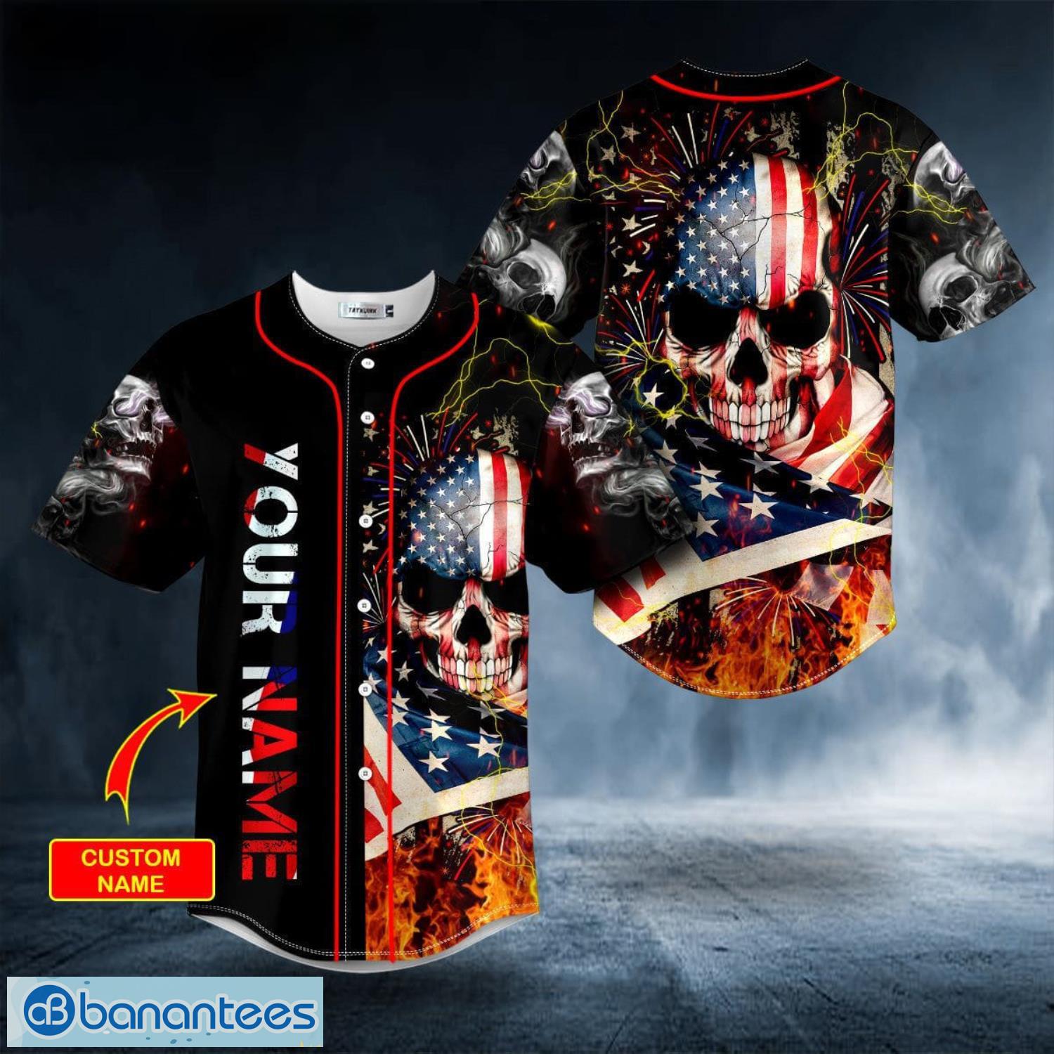 American Flag Firework Lightning Fire Skull Custom Name All Over Print Baseball Jersey Shirt Product Photo 5