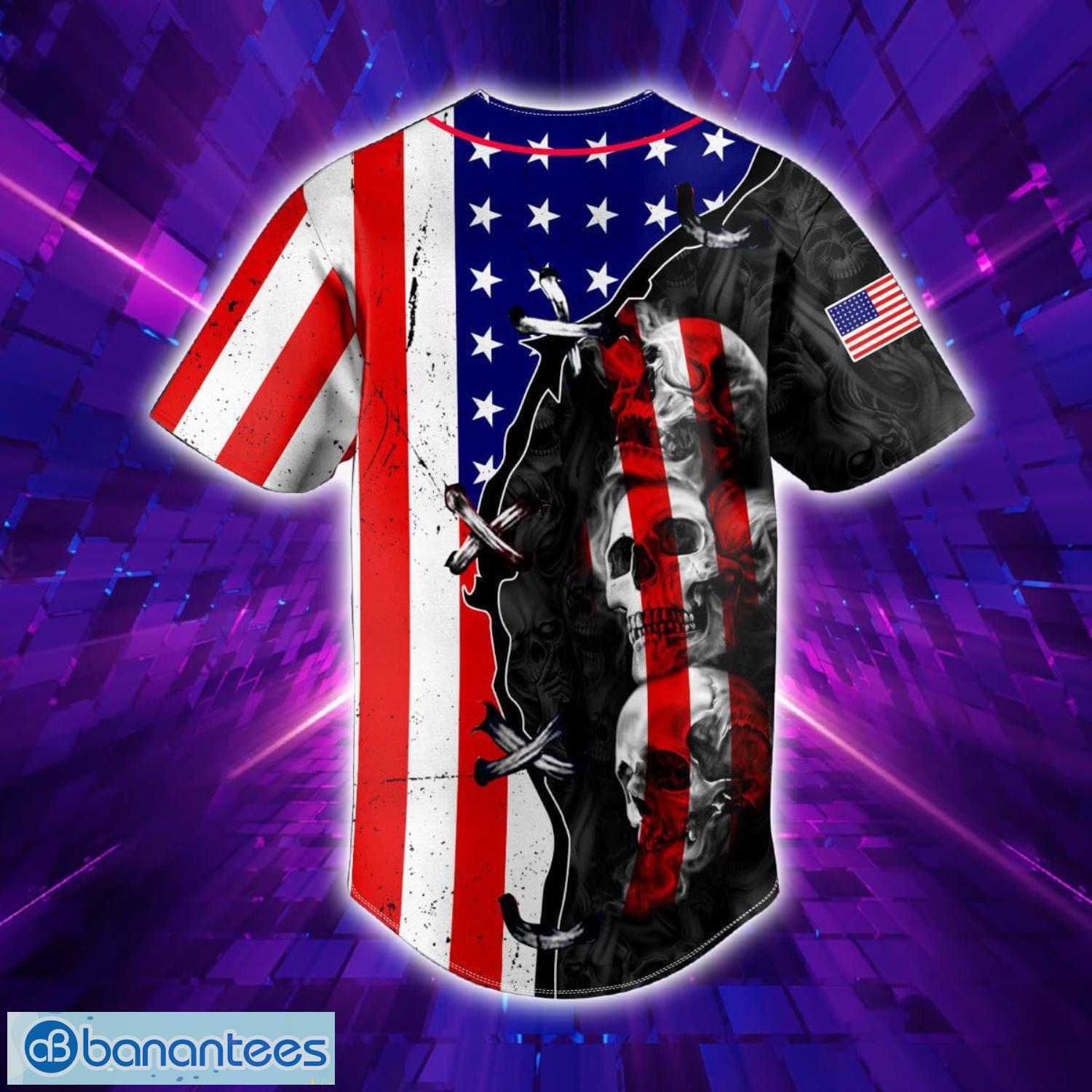 American Flag Firework Lightning Fire Skull Custom Name All Over Print  Baseball Jersey Shirt - Banantees