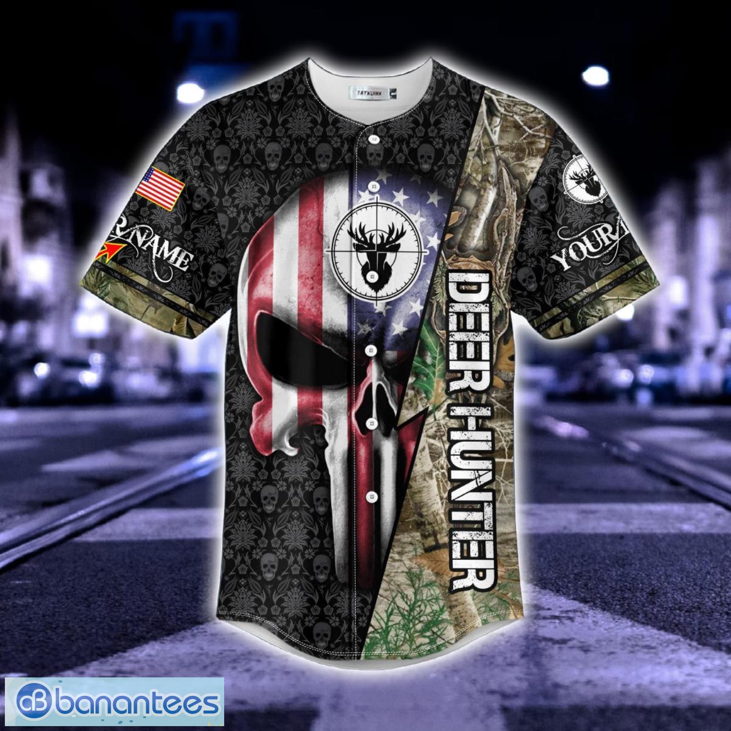 American Skull Flag Deer Hunter Custom Name All Over Print Baseball Jersey Shirt Product Photo 3