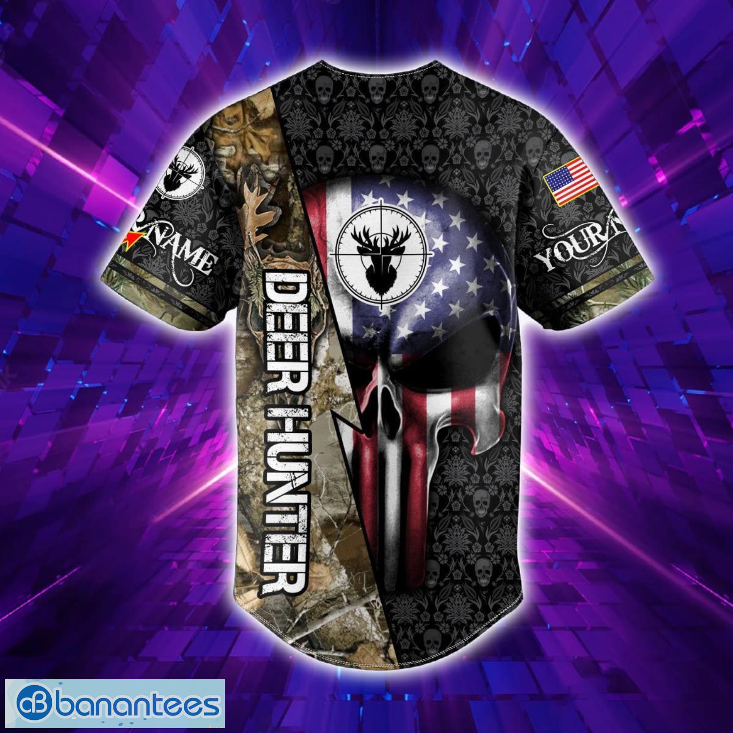 American Skull Flag Deer Hunter Custom Name All Over Print Baseball Jersey Shirt Product Photo 4