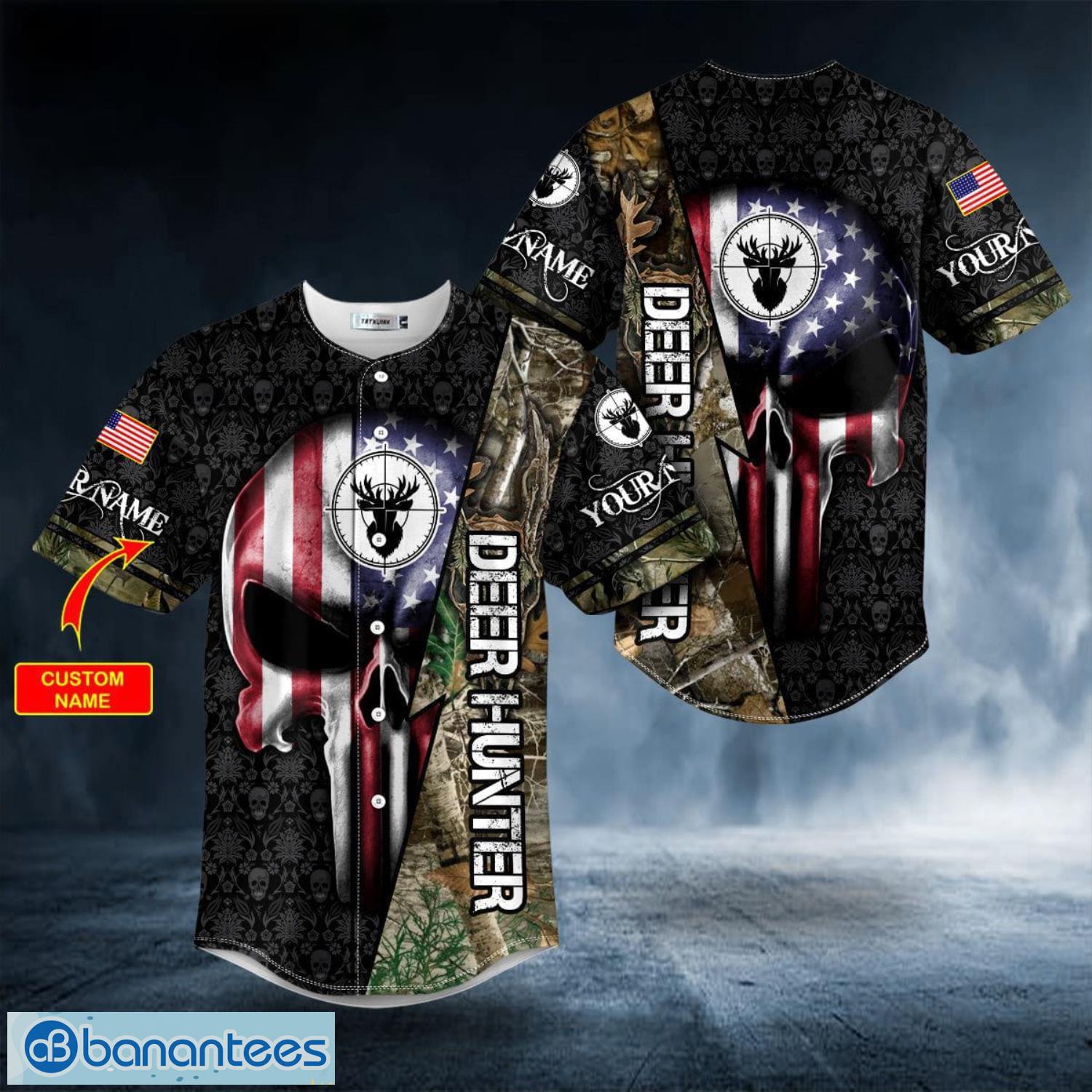 American Skull Flag Deer Hunter Custom Name All Over Print Baseball Jersey Shirt Product Photo 5