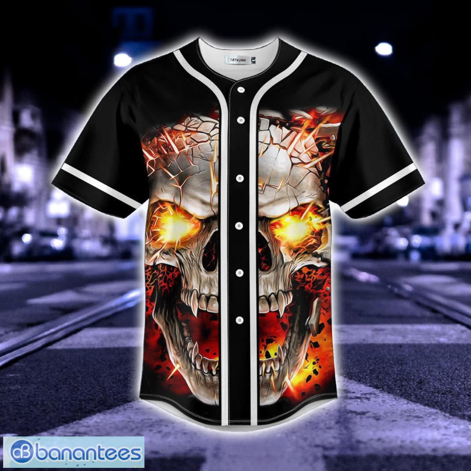 black blast skull all over print baseball jersey shirt 2 image Black Blast Skull All Over Print Baseball Jersey Shirt Product Photo 3