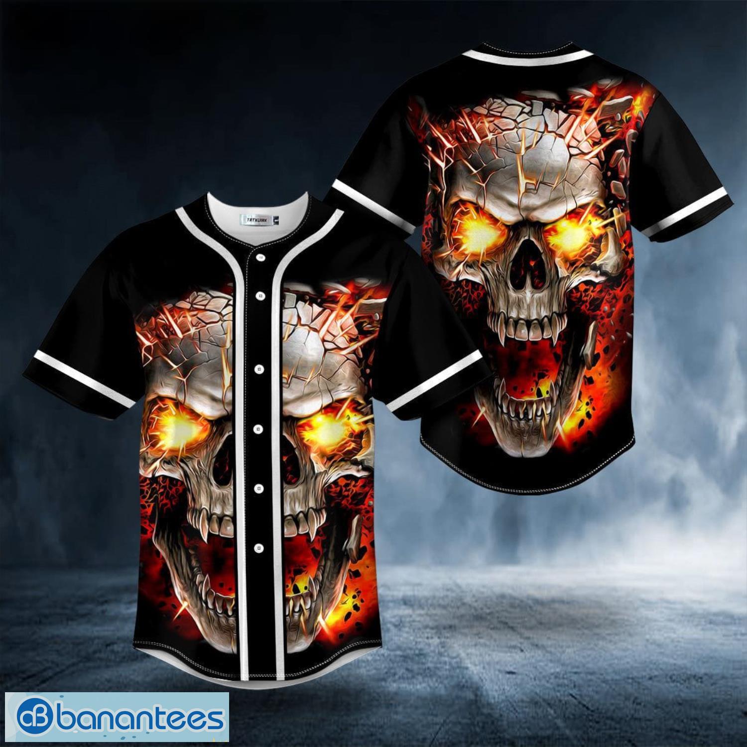 Black Blast Skull All Over Print Baseball Jersey Shirt Product Photo 1 Black Blast Skull All Over Print Baseball Jersey Shirt Product Photo 1