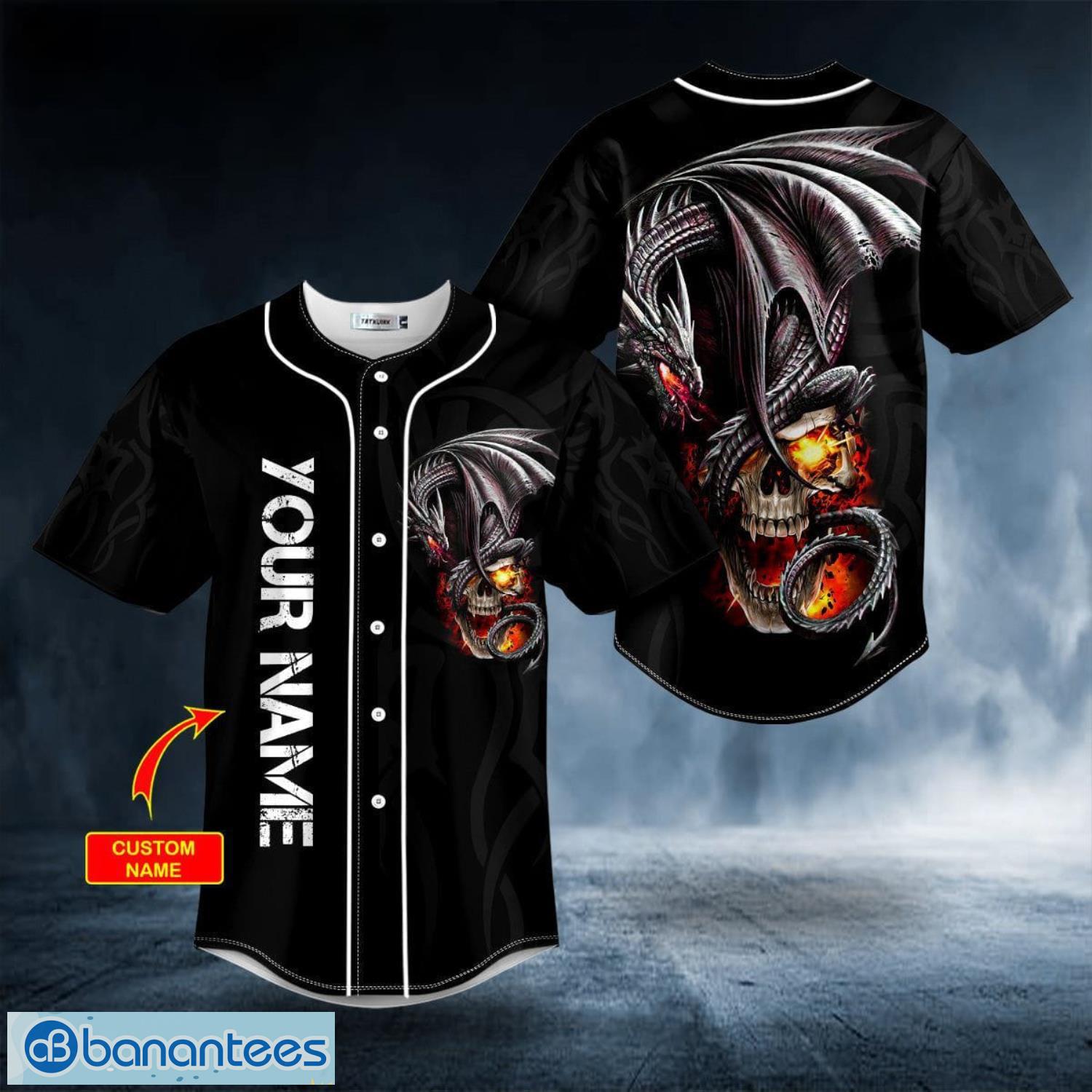 Black Gothic Dragon Fire Skull Custom Name All Over Print Baseball
