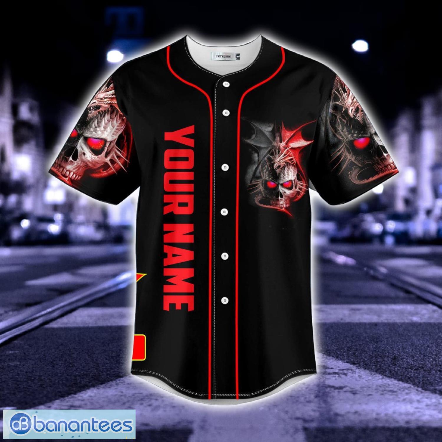 Black Red Dragon King Skull Custom Name All Over Print Baseball Jersey Shirt Product Photo 3