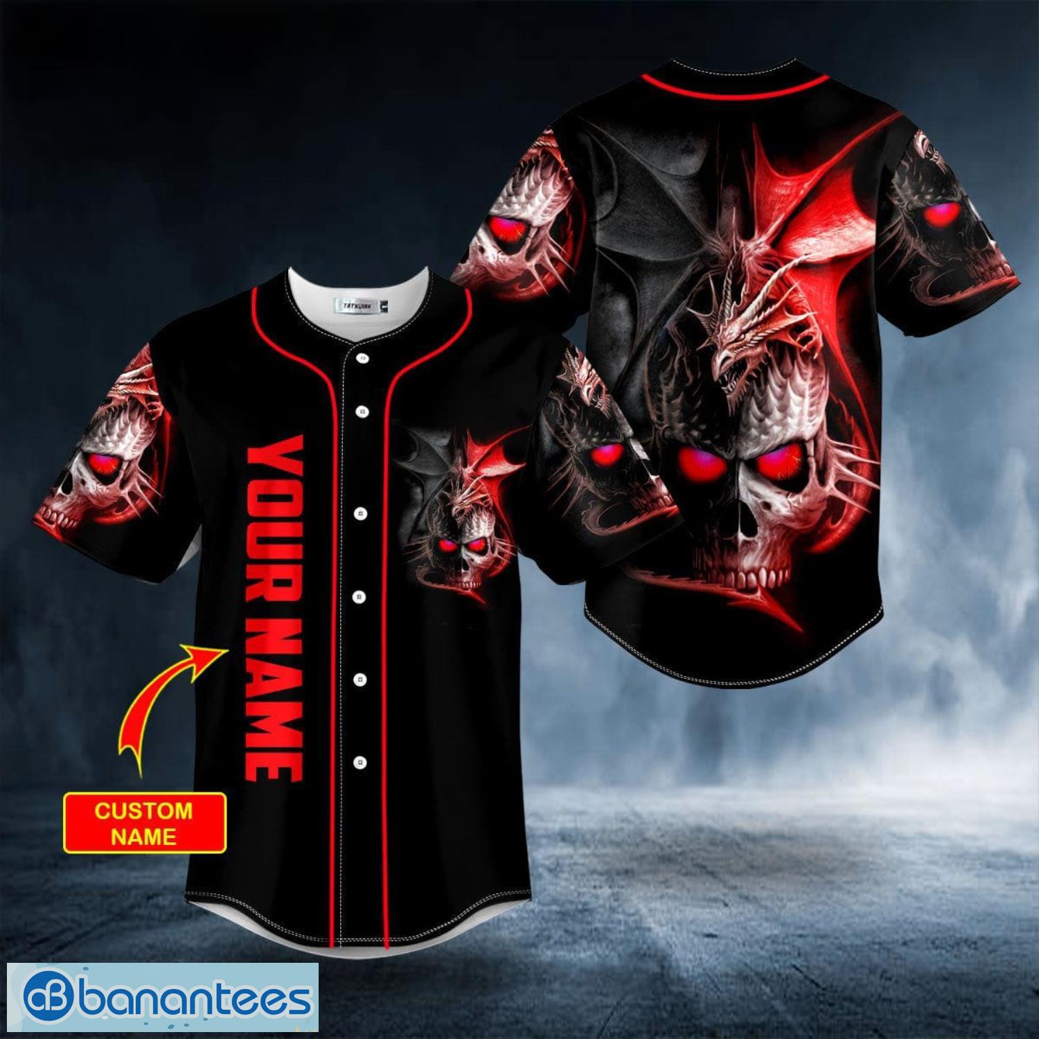 Black Red Dragon King Skull Custom Name All Over Print Baseball Jersey Shirt Product Photo 5