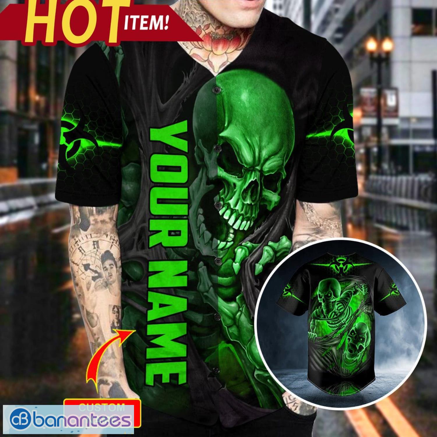 Blood Drip Skeleton Green Skull Custom Name All Over Print Baseball Jersey Shirt Product Photo 2