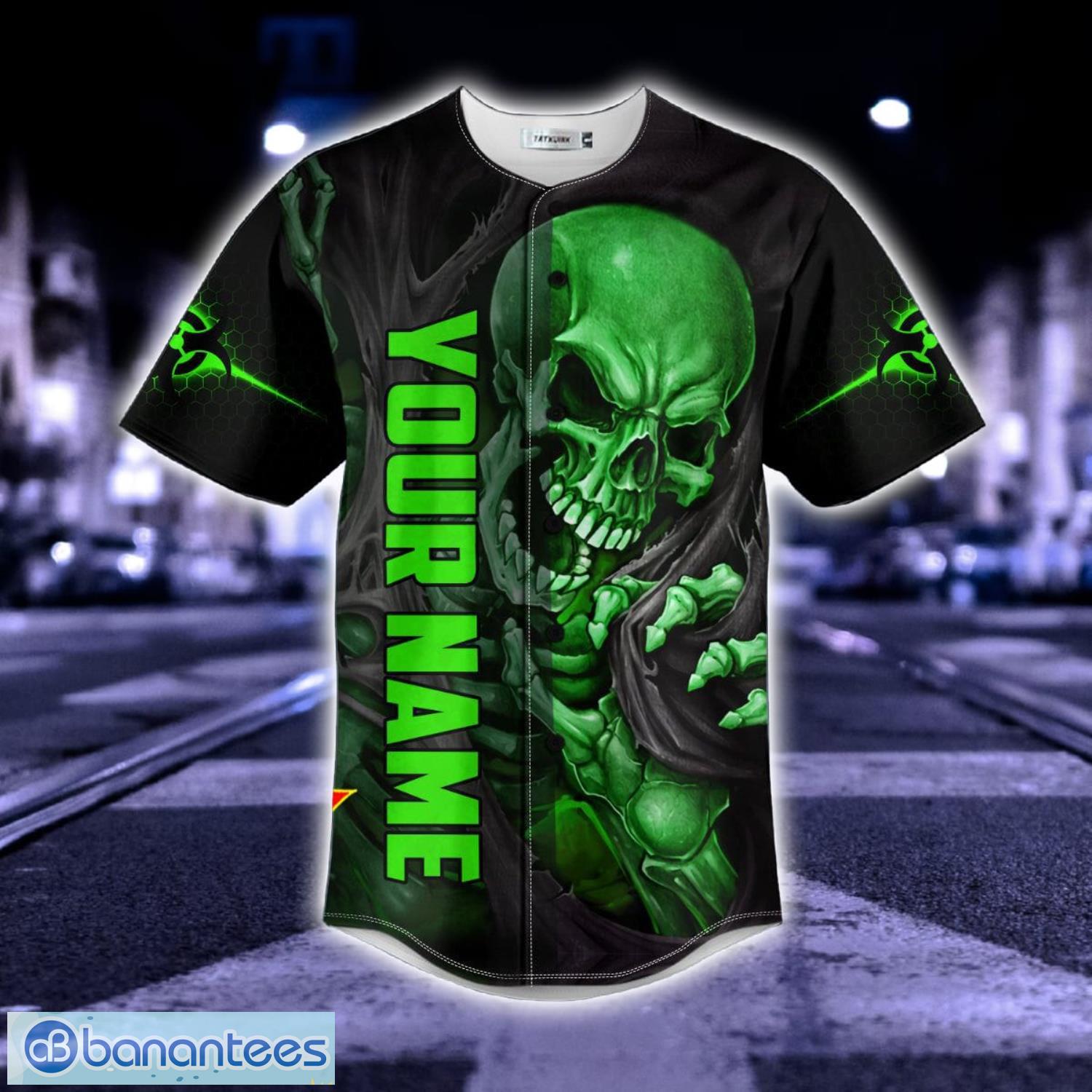 Blood Drip Skeleton Green Skull Custom Name All Over Print Baseball Jersey Shirt Product Photo 3
