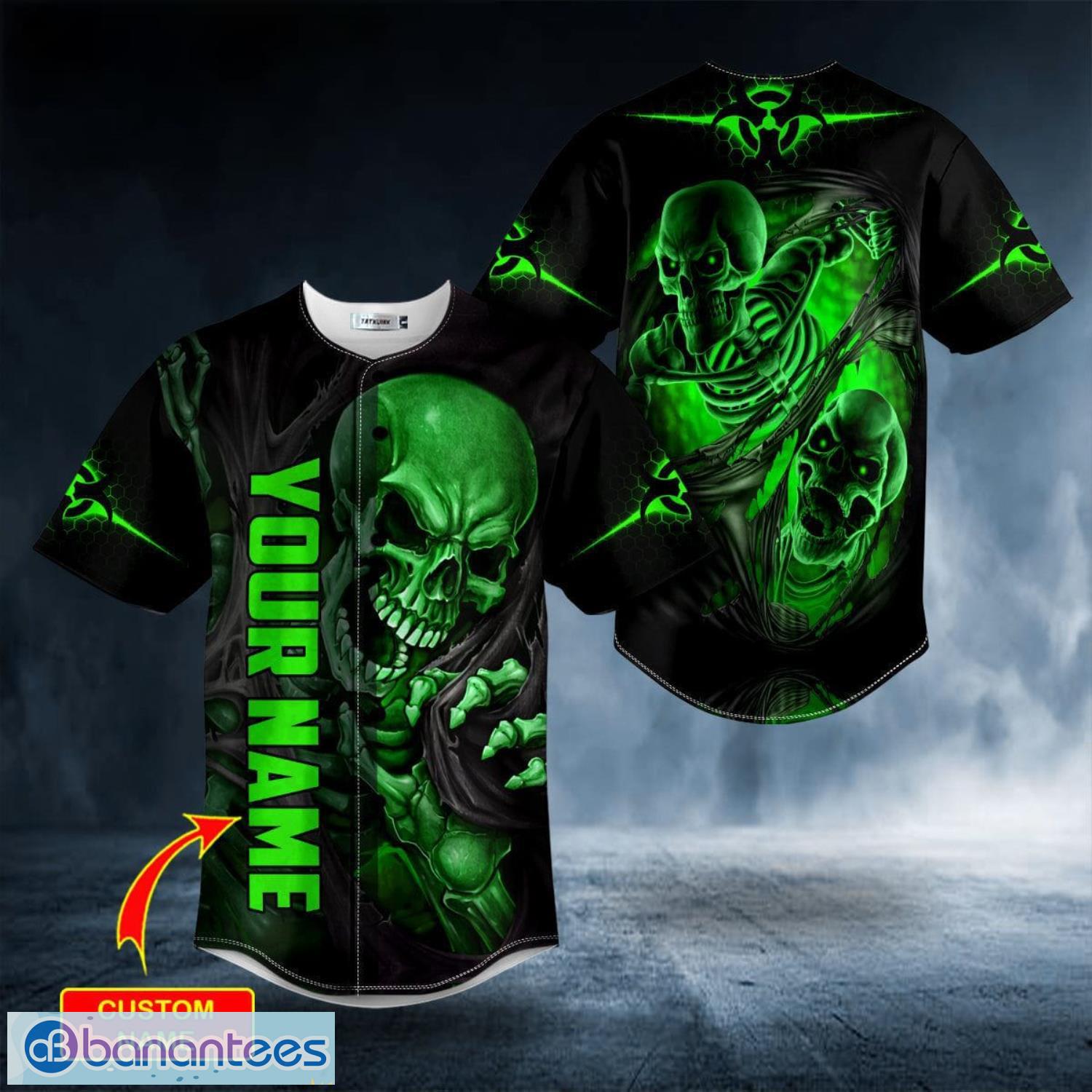 Blood Drip Skeleton Green Skull Custom Name All Over Print Baseball Jersey Shirt Product Photo 5