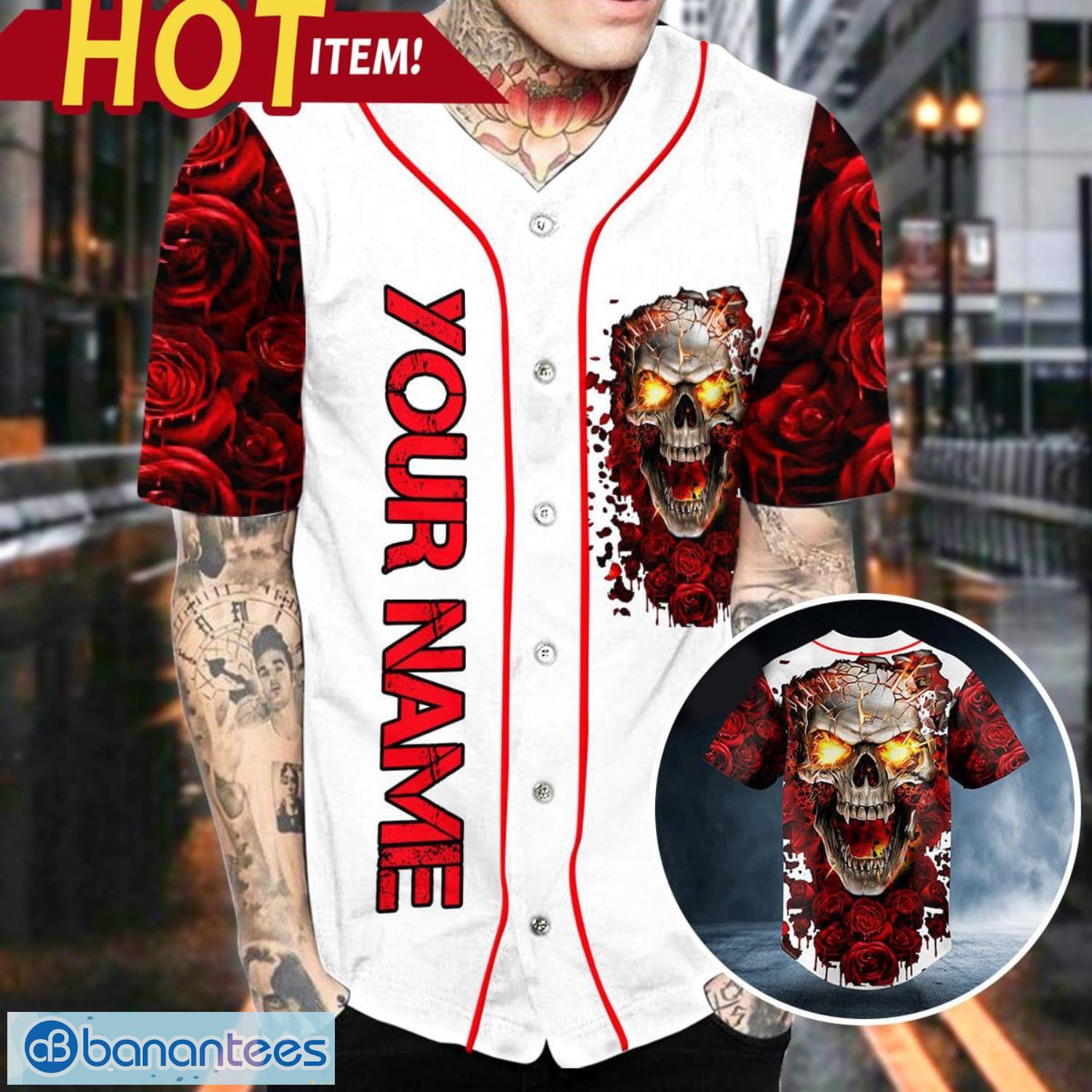 Blood Rose Fire Skull Custom Name All Over Print Baseball Jersey Shirt Product Photo 2