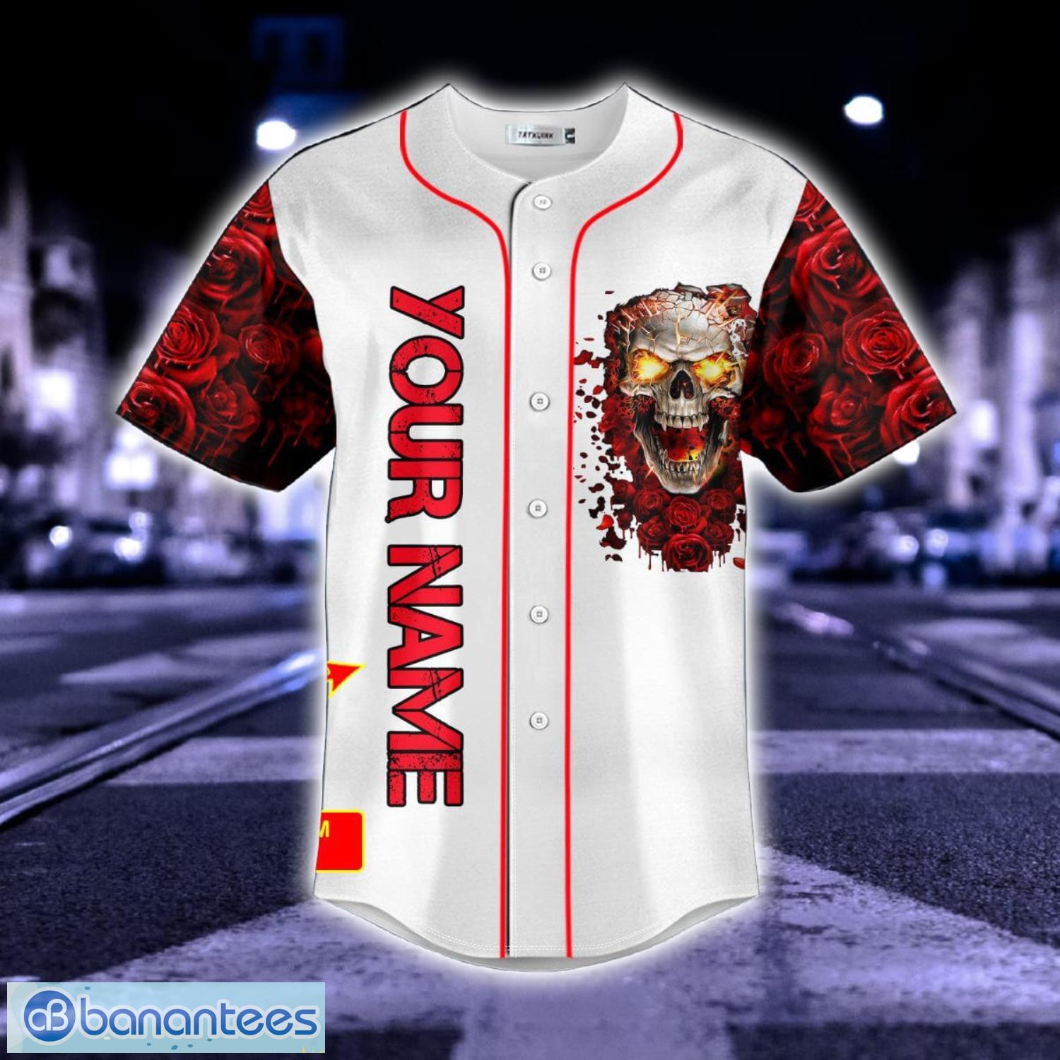 Blood Rose Fire Skull Custom Name All Over Print Baseball Jersey Shirt Product Photo 3