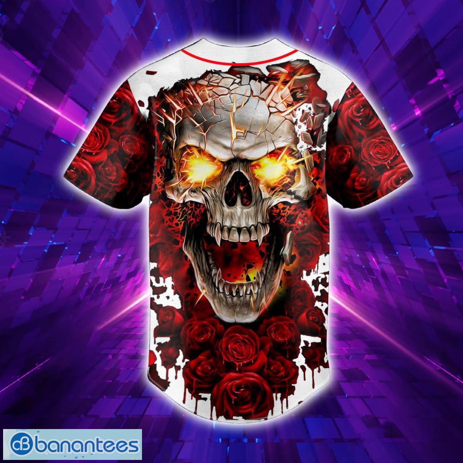 Blood Rose Fire Skull Custom Name All Over Print Baseball Jersey Shirt Product Photo 4