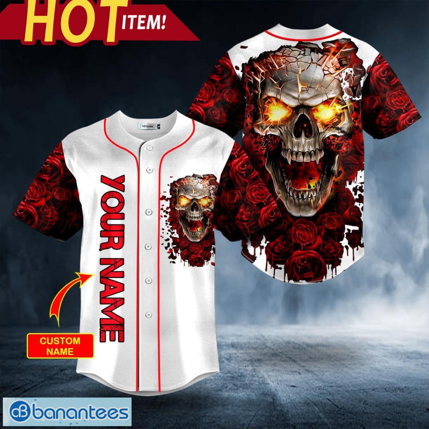 Blood Rose Fire Skull Custom Name All Over Print Baseball Jersey Shirt Product Photo 5