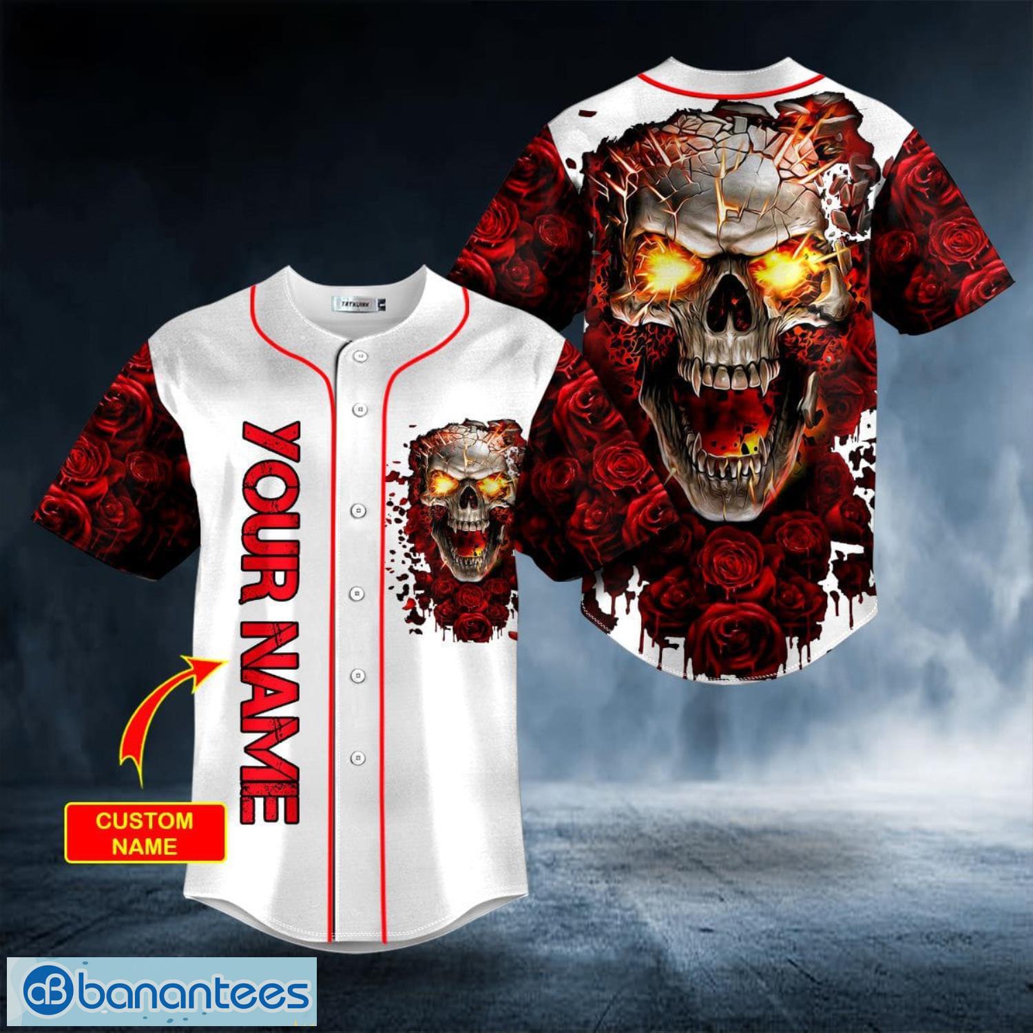 Blood Rose Fire Skull Custom Name All Over Print Baseball Jersey Shirt Product Photo 1
