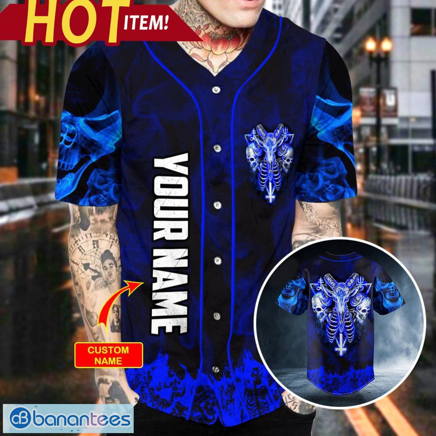 Blue Baphomet Evil Skull Custom Name All Over Print Baseball Jersey Shirt Product Photo 2