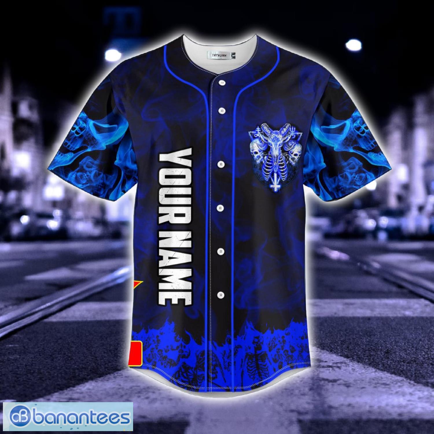 Blue Baphomet Evil Skull Custom Name All Over Print Baseball Jersey Shirt Product Photo 3