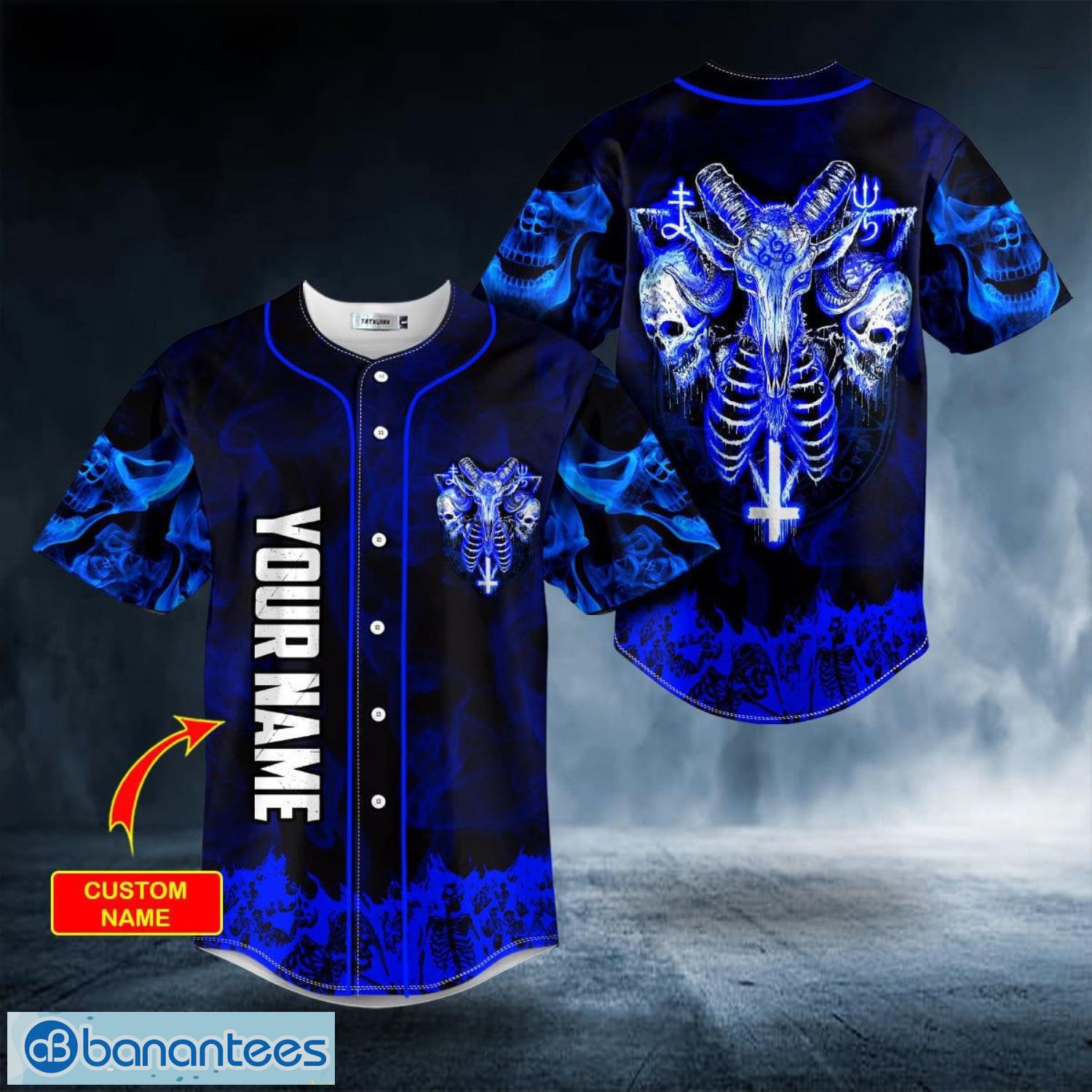 Blue Baphomet Evil Skull Custom Name All Over Print Baseball Jersey Shirt Product Photo 5