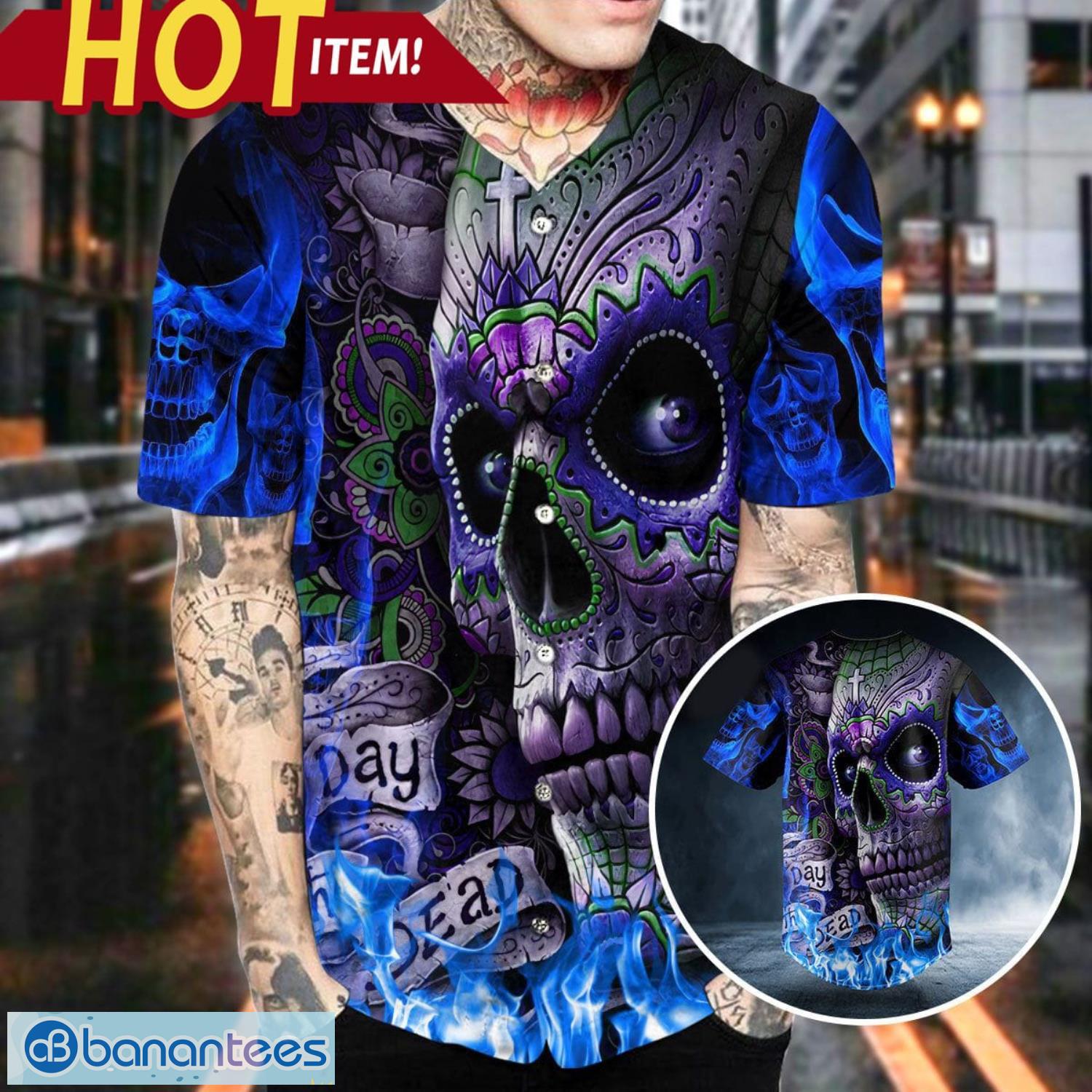Blue Flame Cross Sugar Skull All Over Print Baseball Jersey Shirt Product Photo 2
