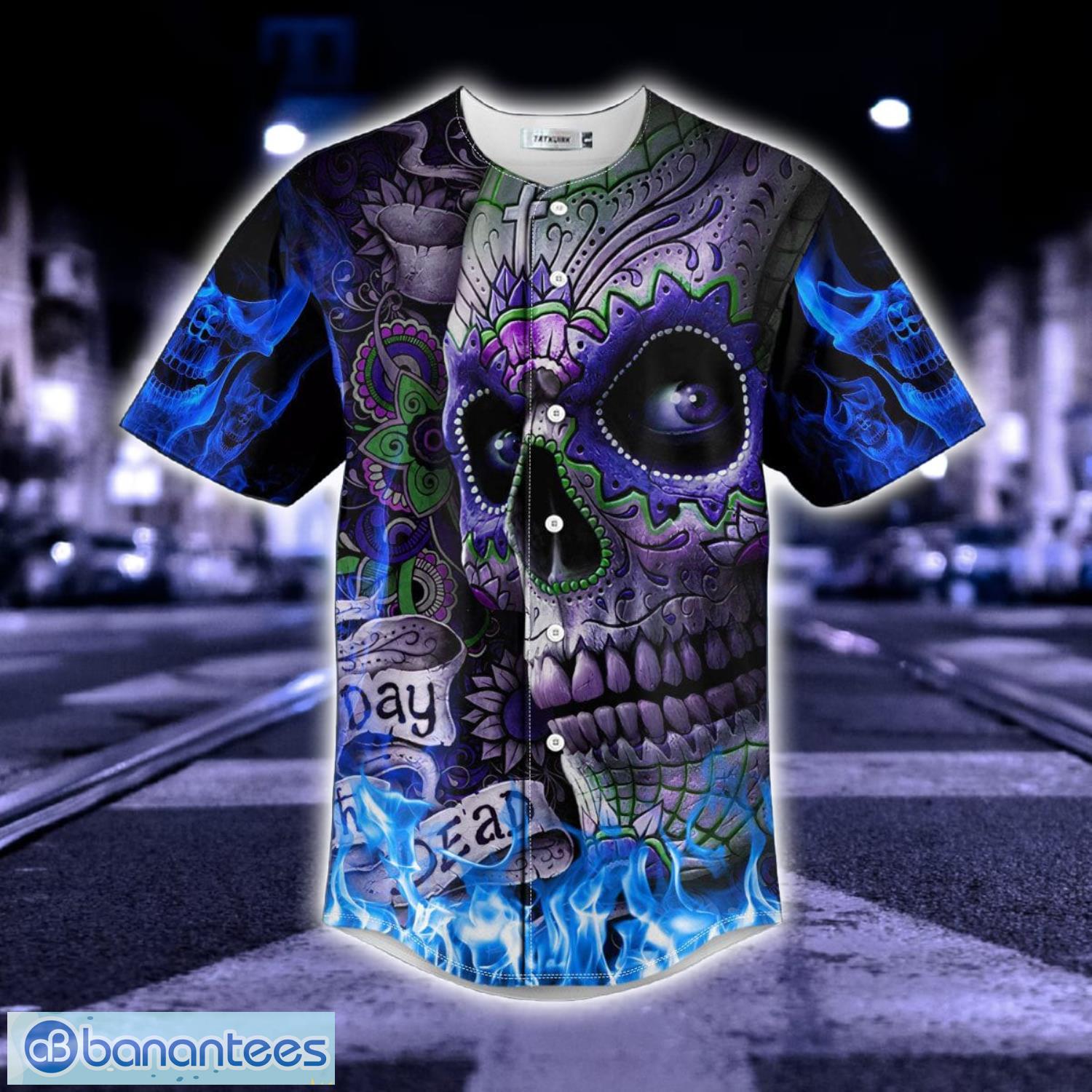Blue Flame Cross Sugar Skull All Over Print Baseball Jersey Shirt Product Photo 3