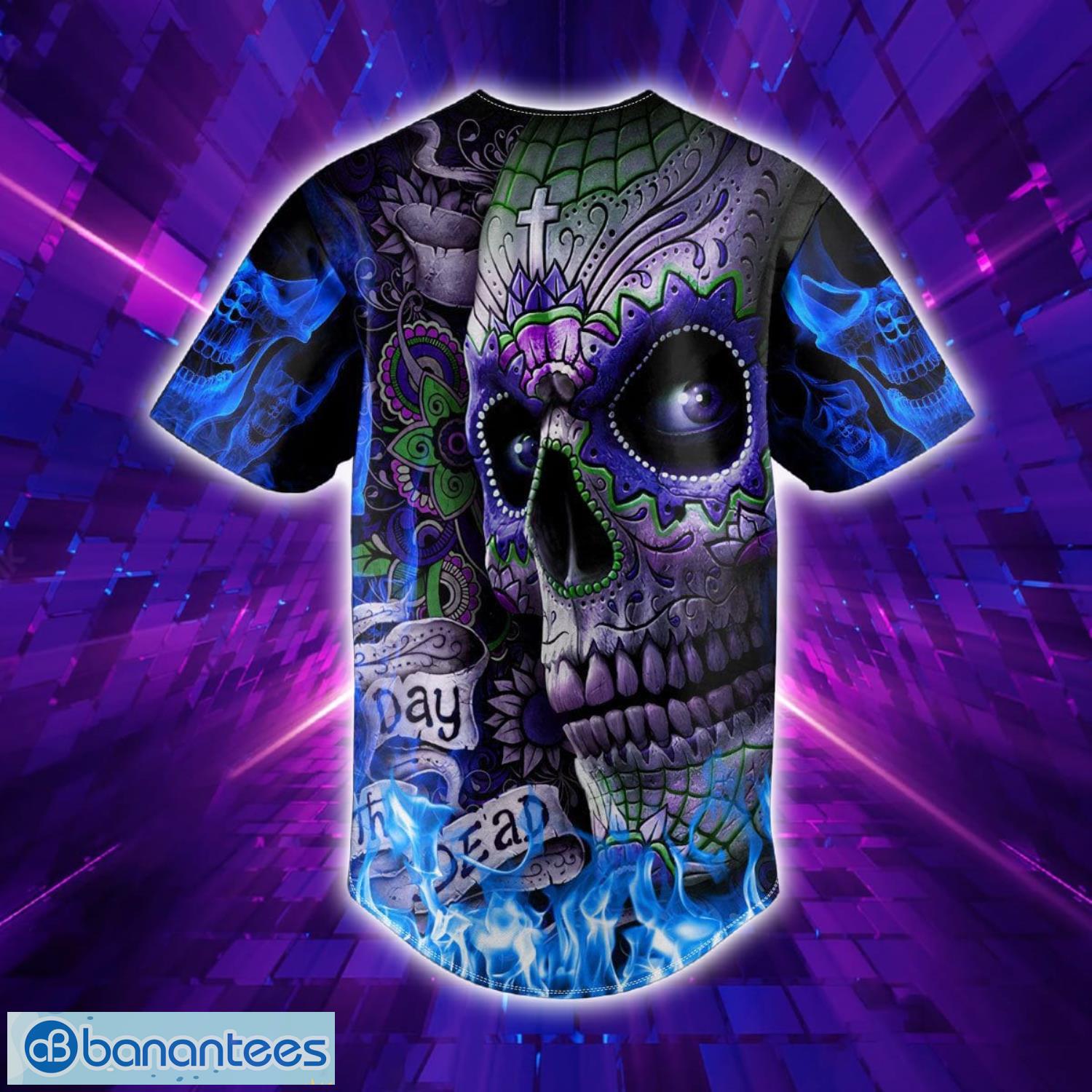 Blue Flame Cross Sugar Skull All Over Print Baseball Jersey Shirt Product Photo 4