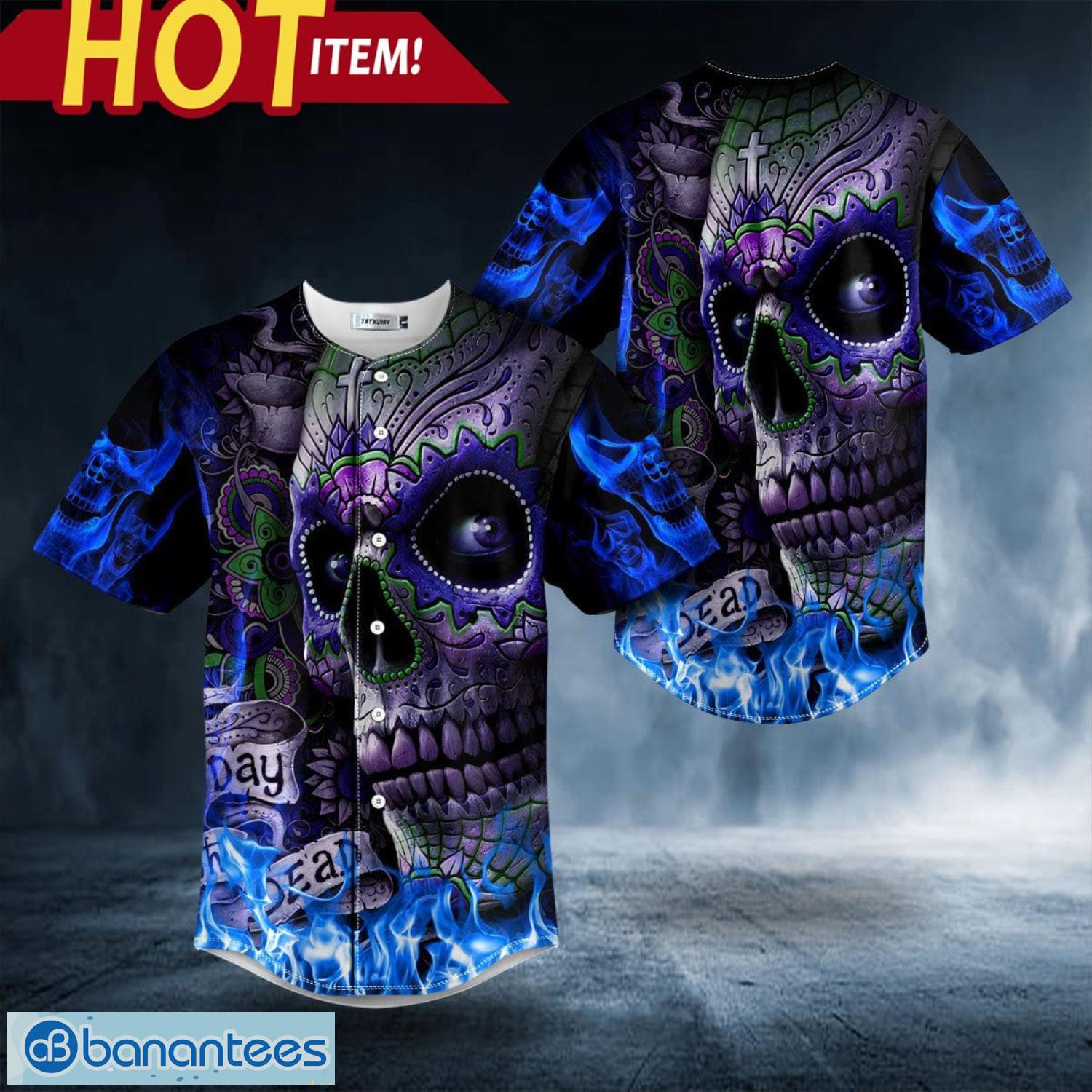 Blue Flame Cross Sugar Skull All Over Print Baseball Jersey Shirt Product Photo 5