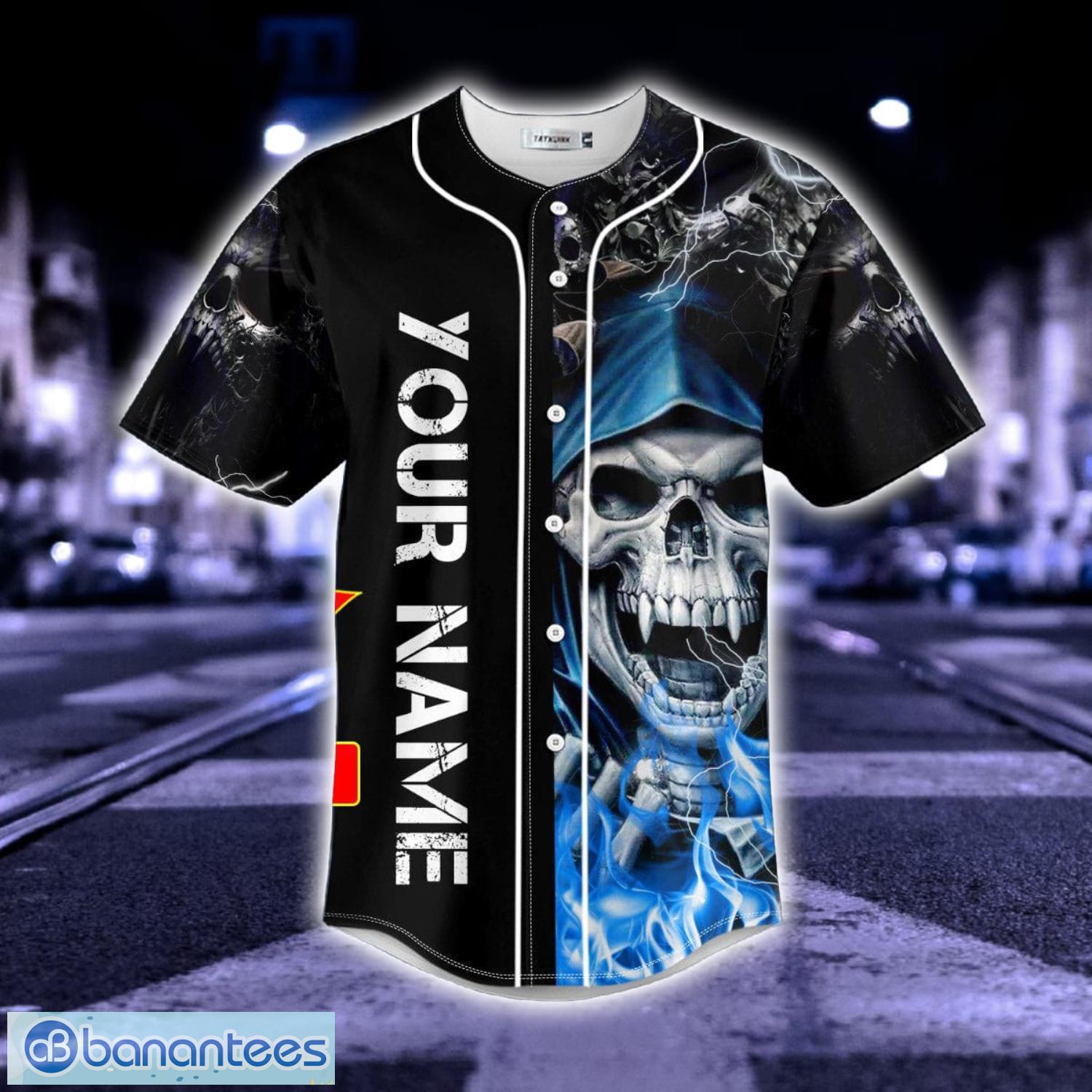 Blue Grim Reaper Lightning Fire Custom Name All Over Print Baseball Jersey Shirt Product Photo 3