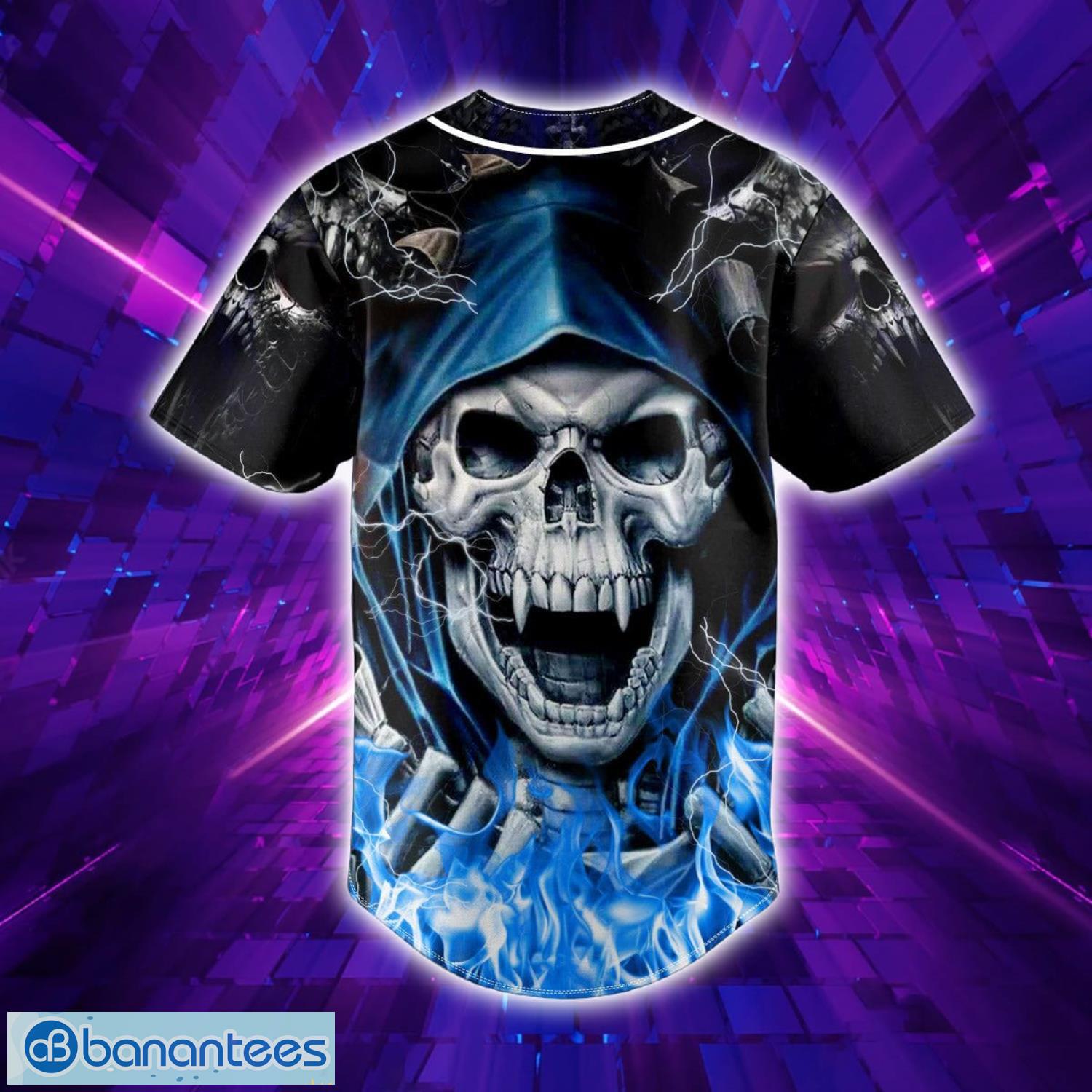 Blue Grim Reaper Lightning Fire Custom Name All Over Print Baseball Jersey Shirt Product Photo 4