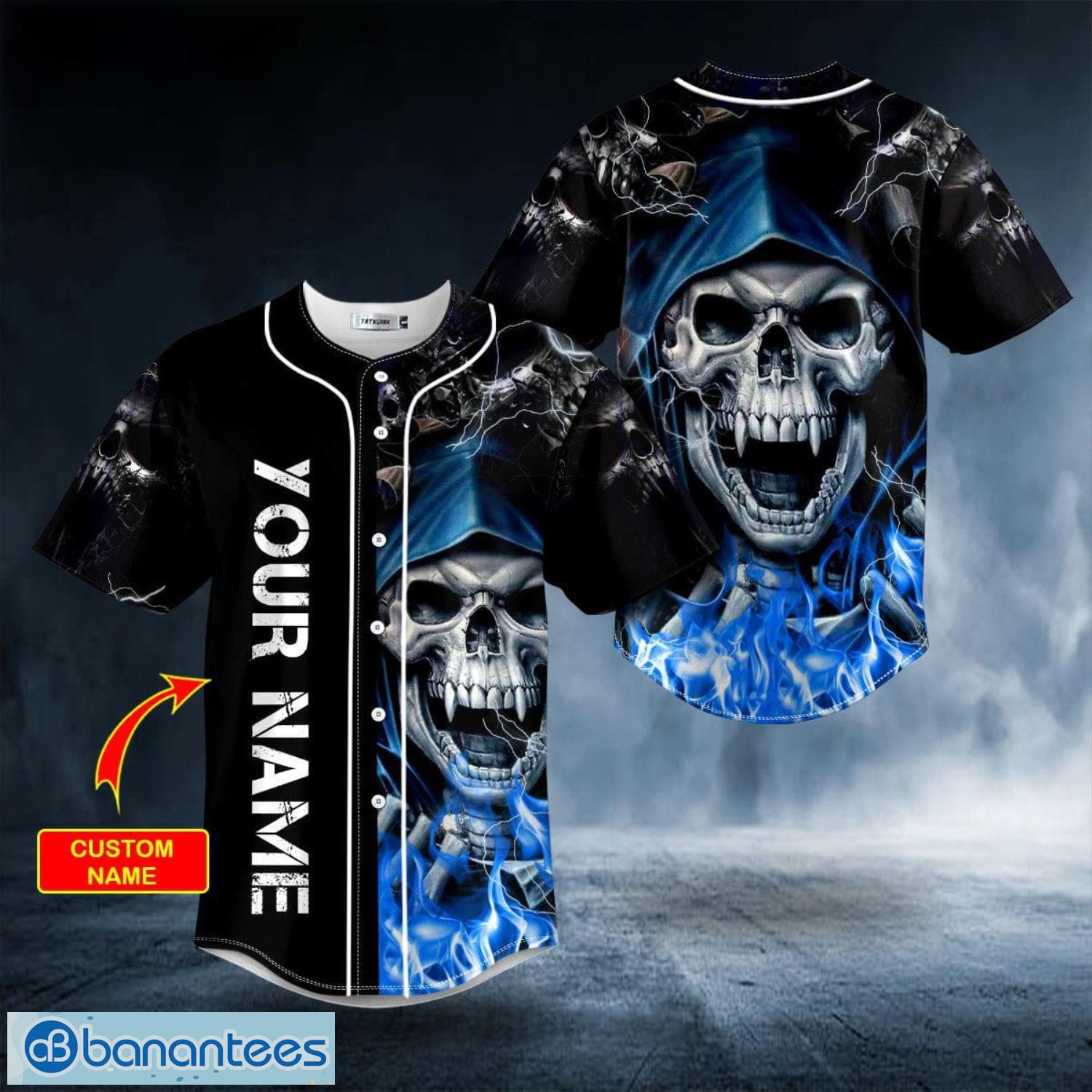 Blue Grim Reaper Lightning Fire Custom Name All Over Print Baseball Jersey Shirt Product Photo 1