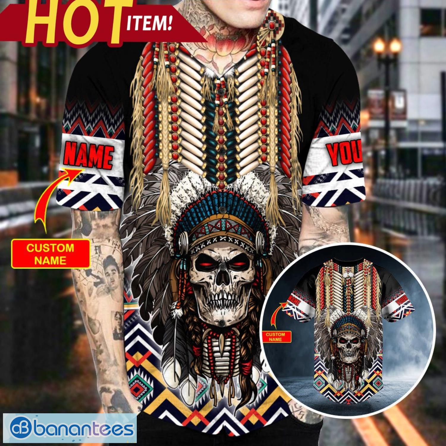 Brocade Pattern 4 Native Skull Custom Name All Over Print Baseball Jersey Shirt Product Photo 2