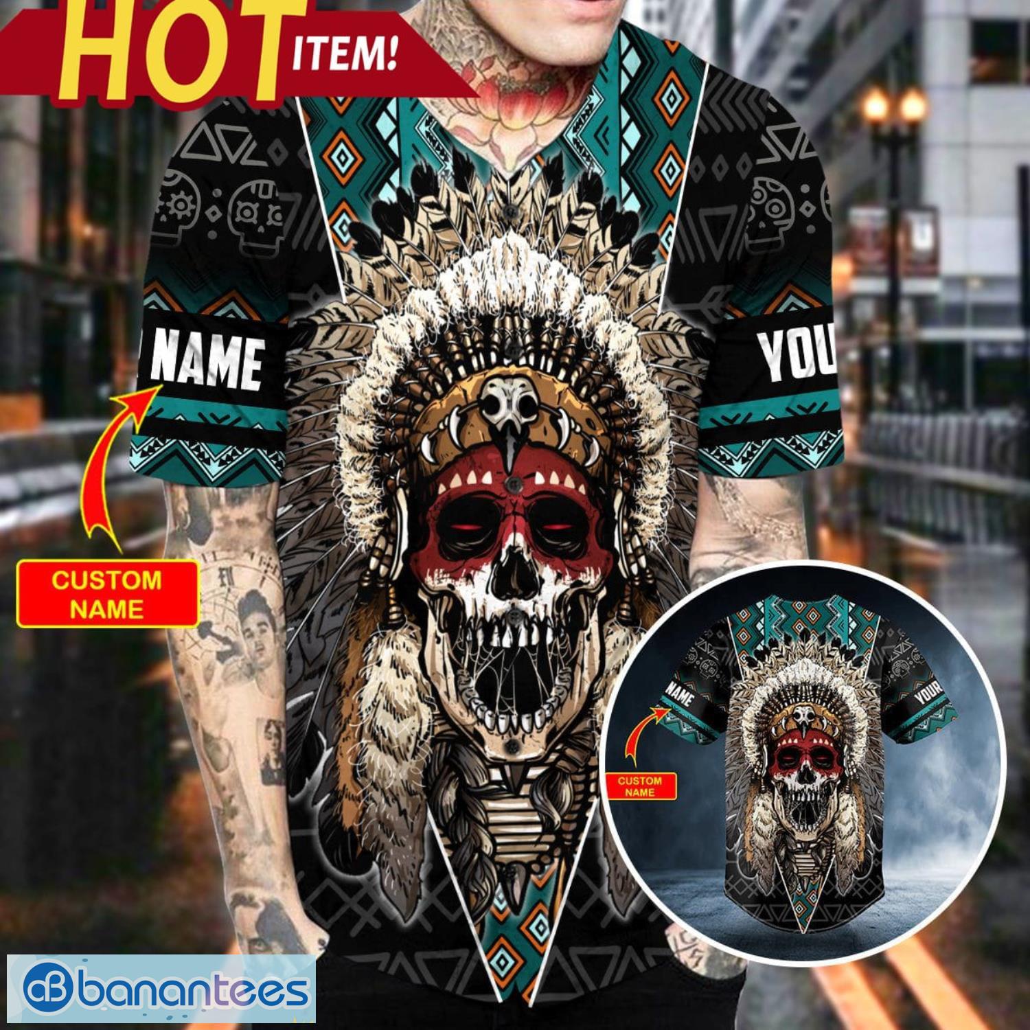 Brocade Pattern 5 Native Skull Custom Name All Over Print Baseball Jersey Shirt Product Photo 2