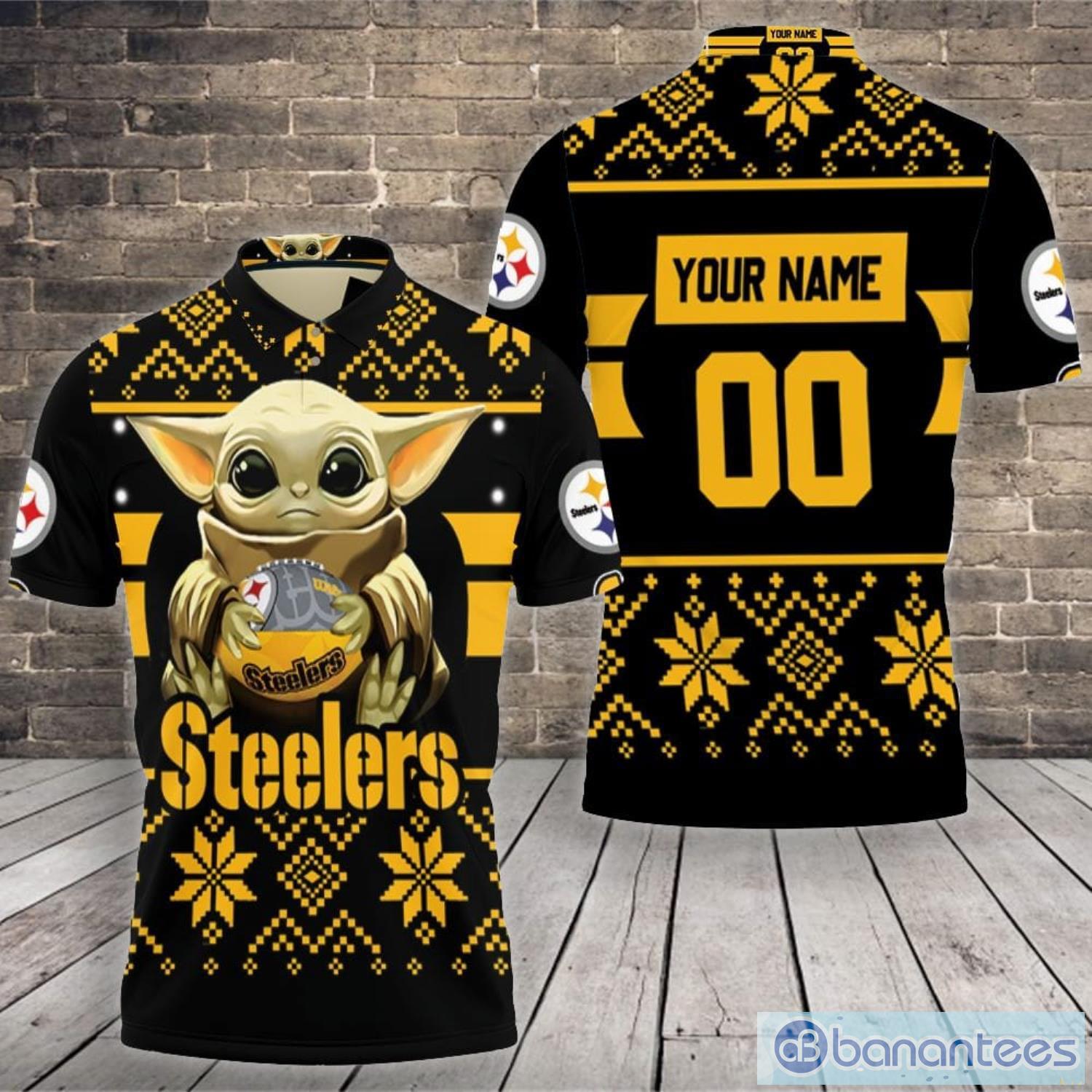 Baby Yoda Lover Baby Yoda Hugs Pittsburgh Steelers Football 2020 Custom Name And Number Polo Shirt Product Photo 2