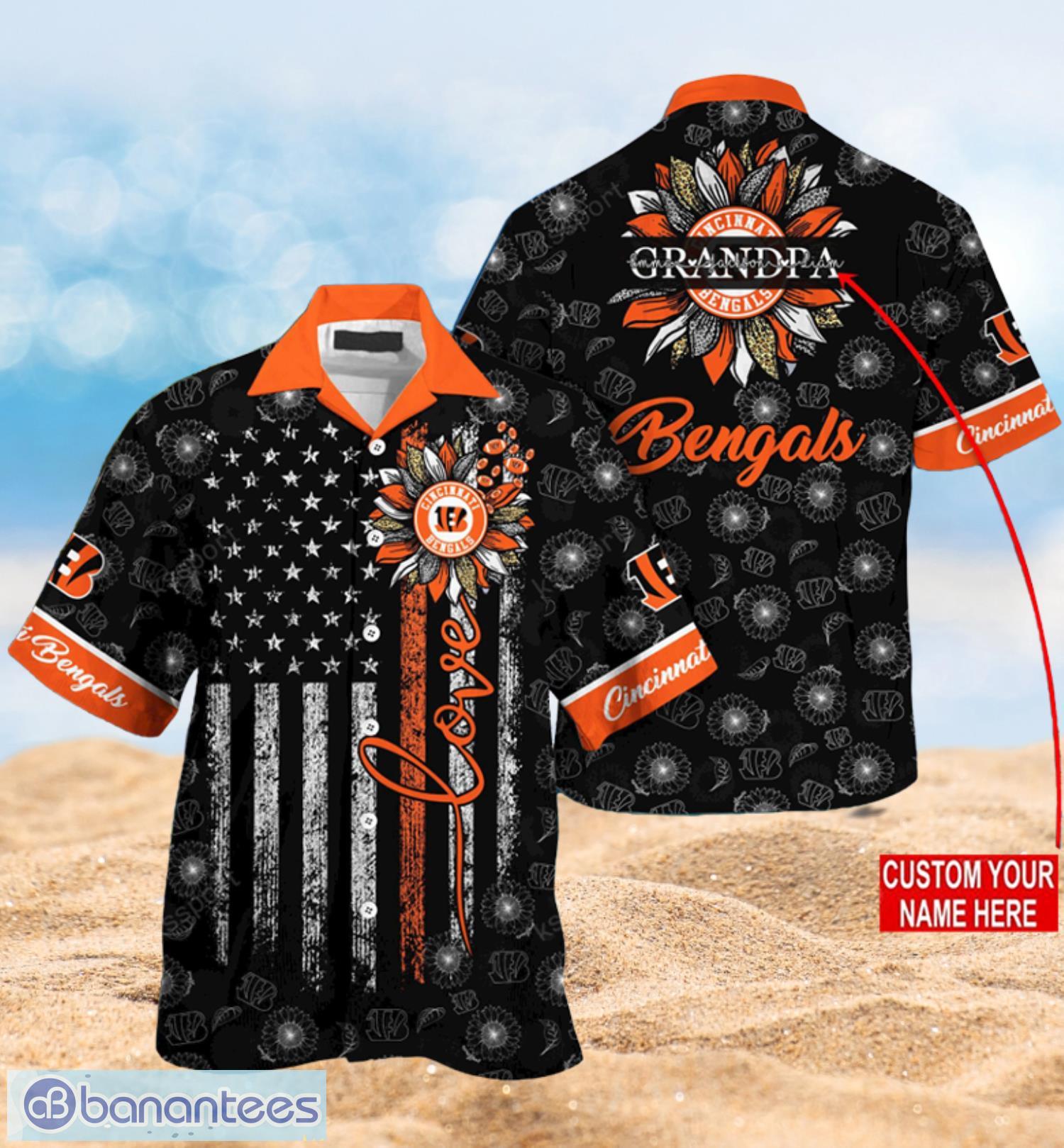 Cincinnati Bengals NFL Custom Name Sunflowers Love And American Flag Hawaiian Shirt Full Over Print Product Photo 1