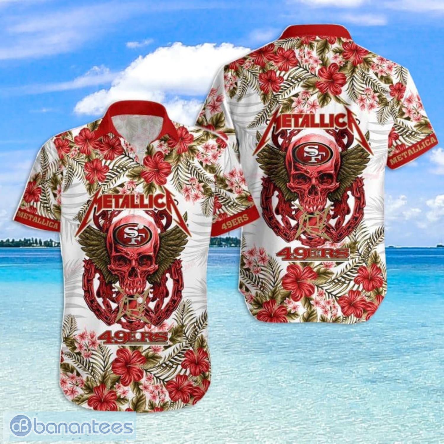 San Francisco 49ers NFL Skull And Flower Pattern Metallica Hawaiian Shirt -  Banantees