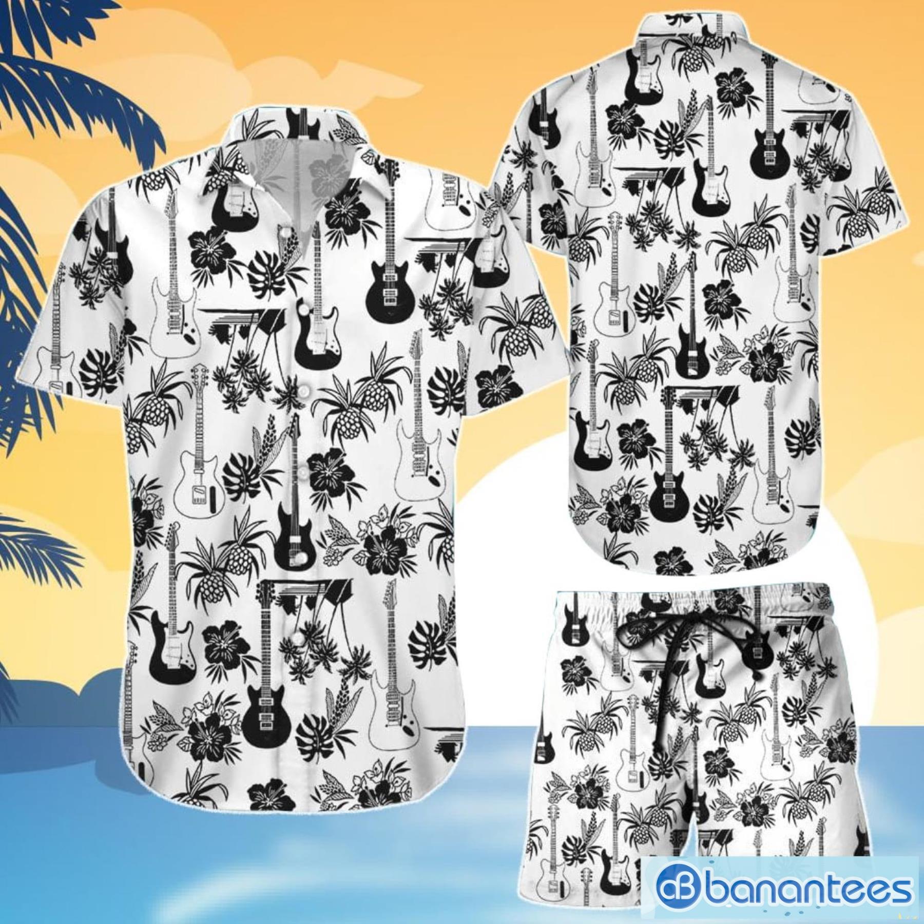 Guitar Hawaiian Shirt Black Electric Guitar And Pineapple Pattern White Hawaiian Shirt And Shorts Gifts For Guitar Players - 1