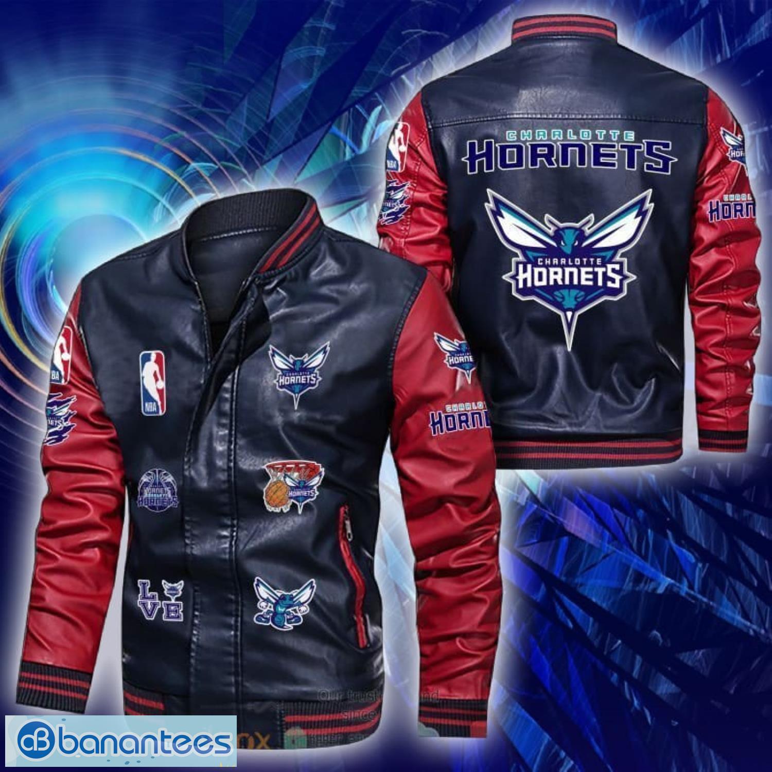 NBA Charlotte Hornets Navy Blue Red Logo Team Leather Bomber Jacket Gift For You Product Photo 1 NBA Charlotte Hornets Navy Blue Red Logo Team Leather Bomber Jacket Gift For You Product Photo 1