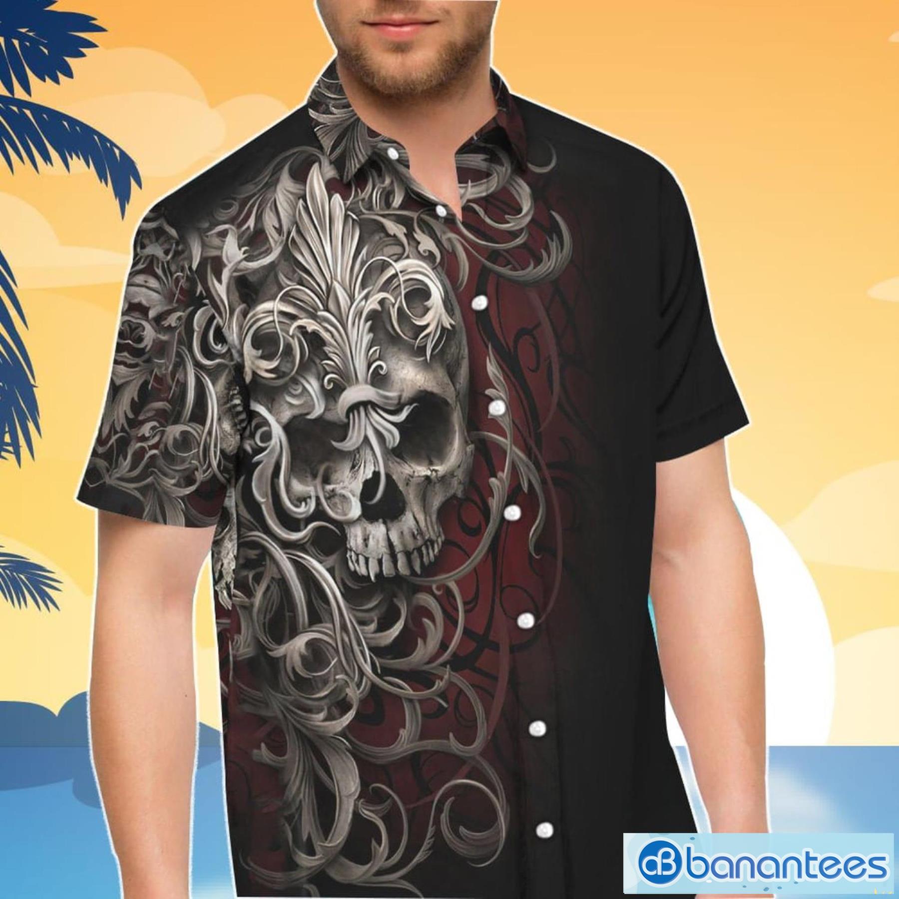 skull print button down shirt