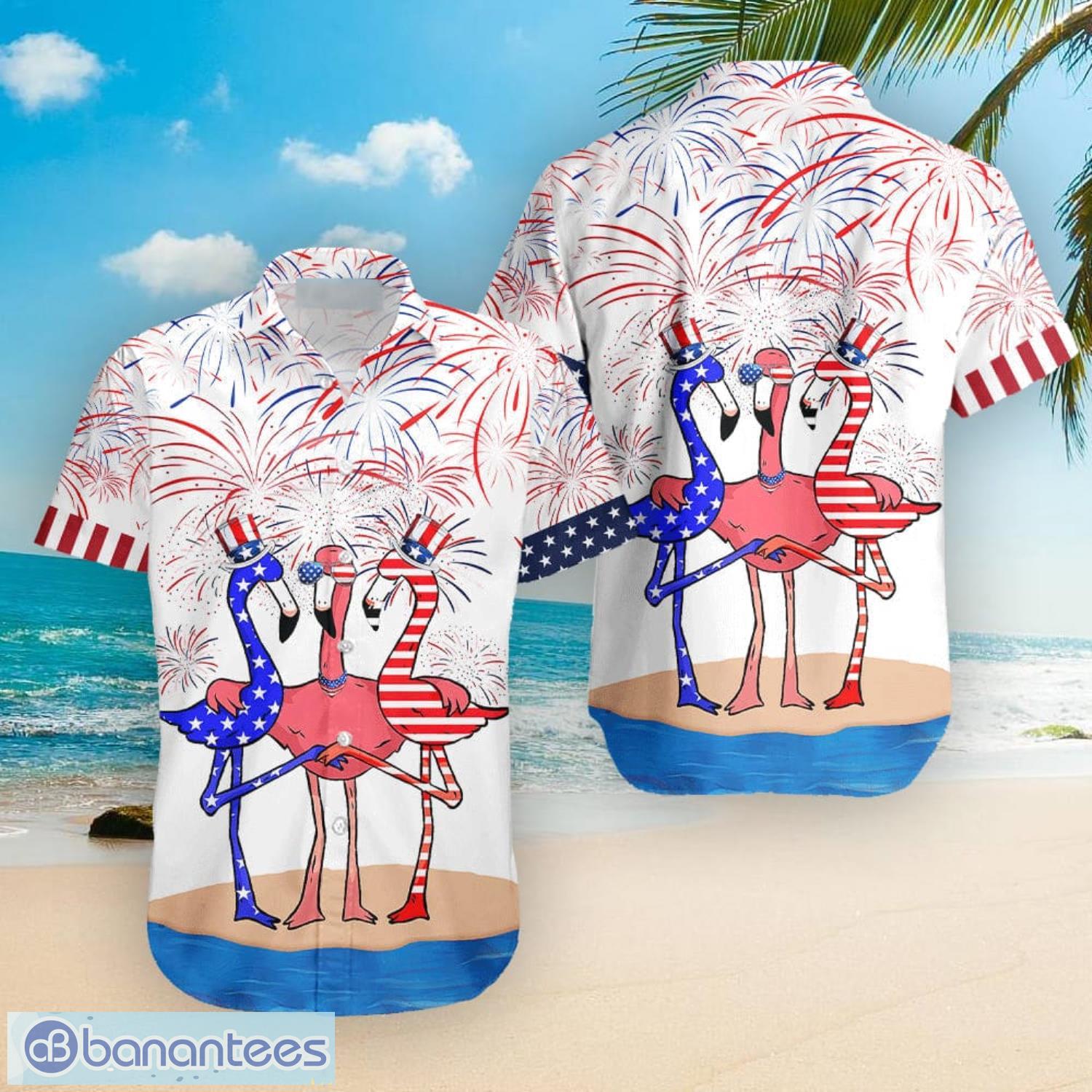 Flamingo US Flag Firework Pattern Full Printed Hawaiian Shirt