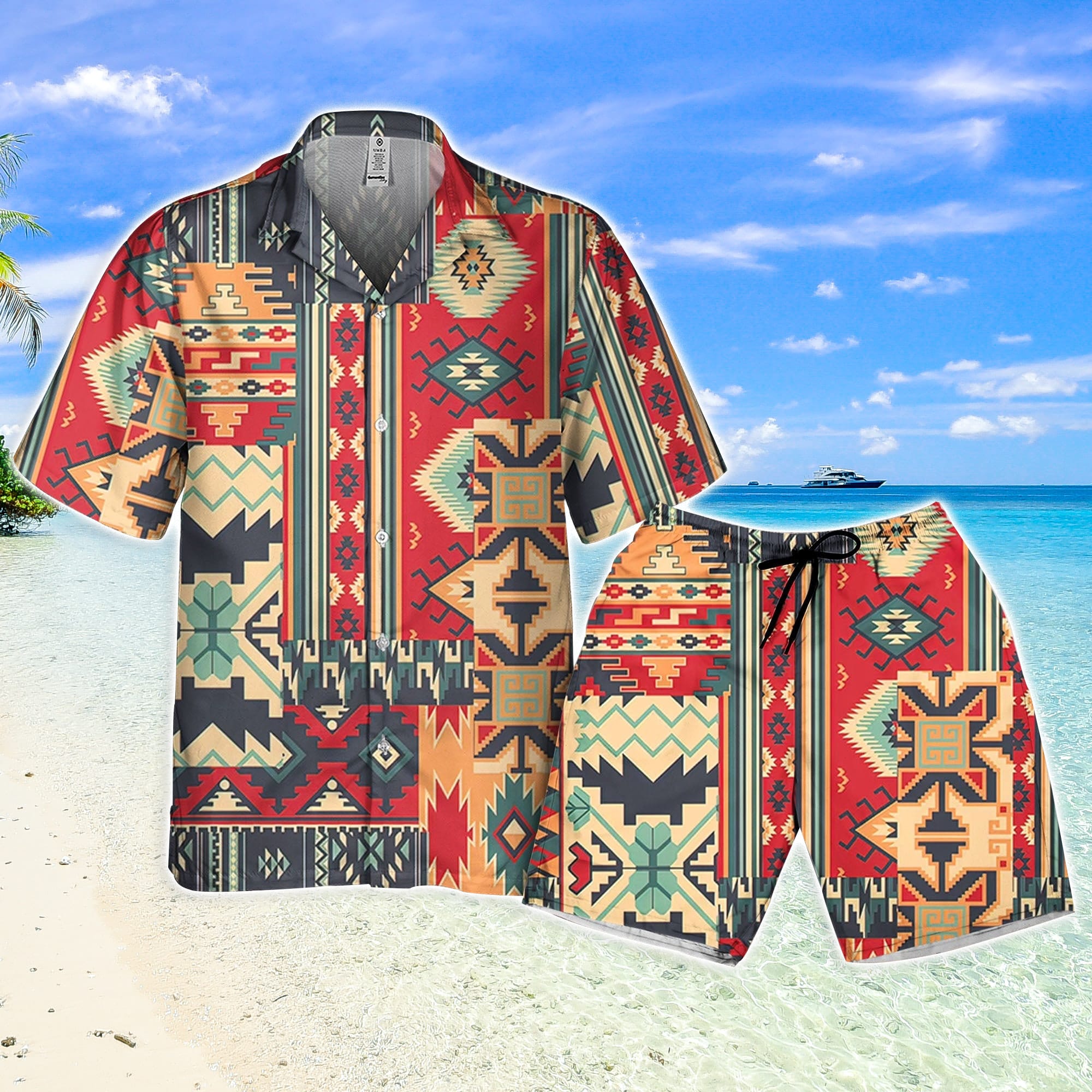 Traditional Tribal Pattern Hawaiian Shirt, Colorful Ethnic Geometric Native  American Shirt