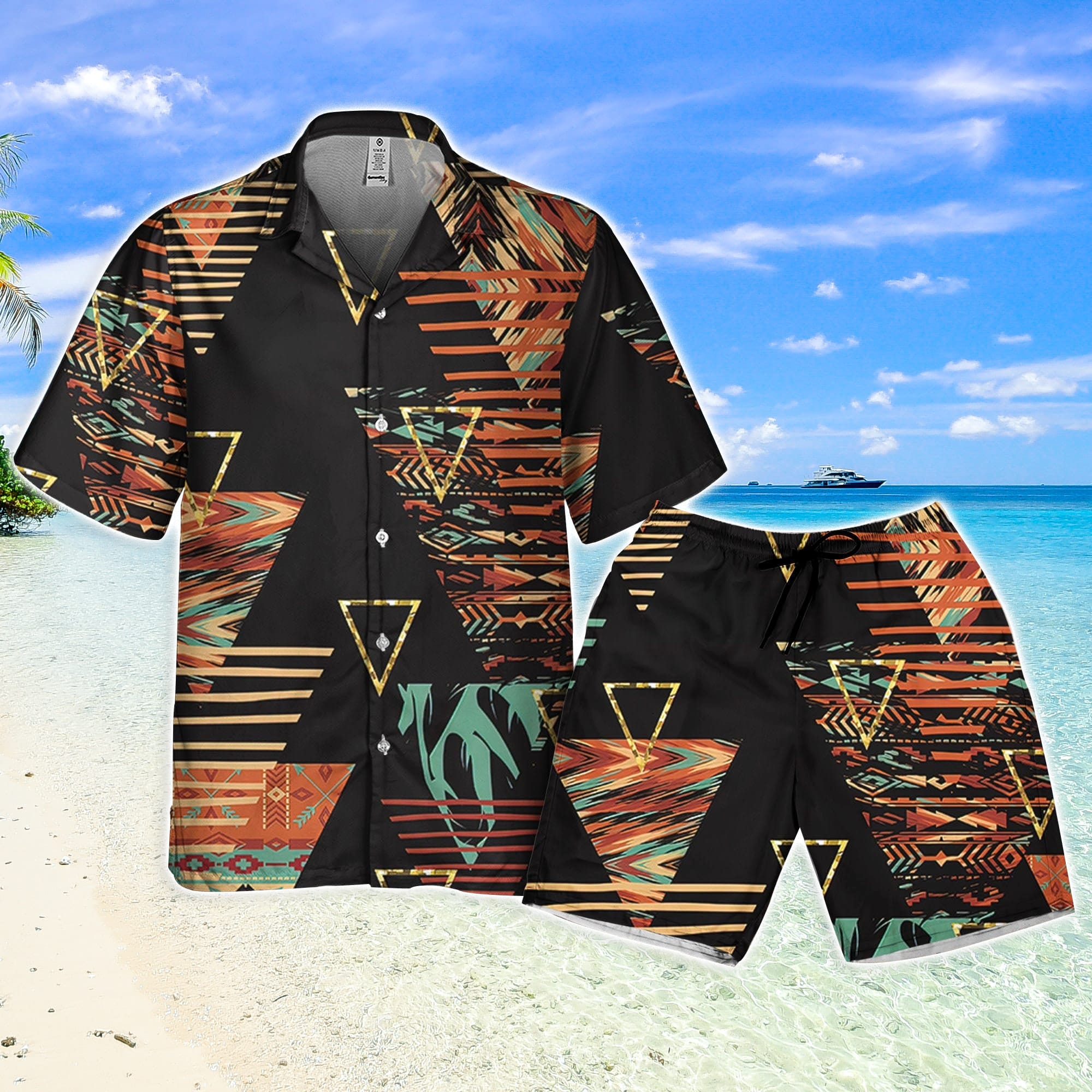 Traditional Tribal Pattern Hawaiian Shirt, Colorful Ethnic Geometric Native  American Shirt
