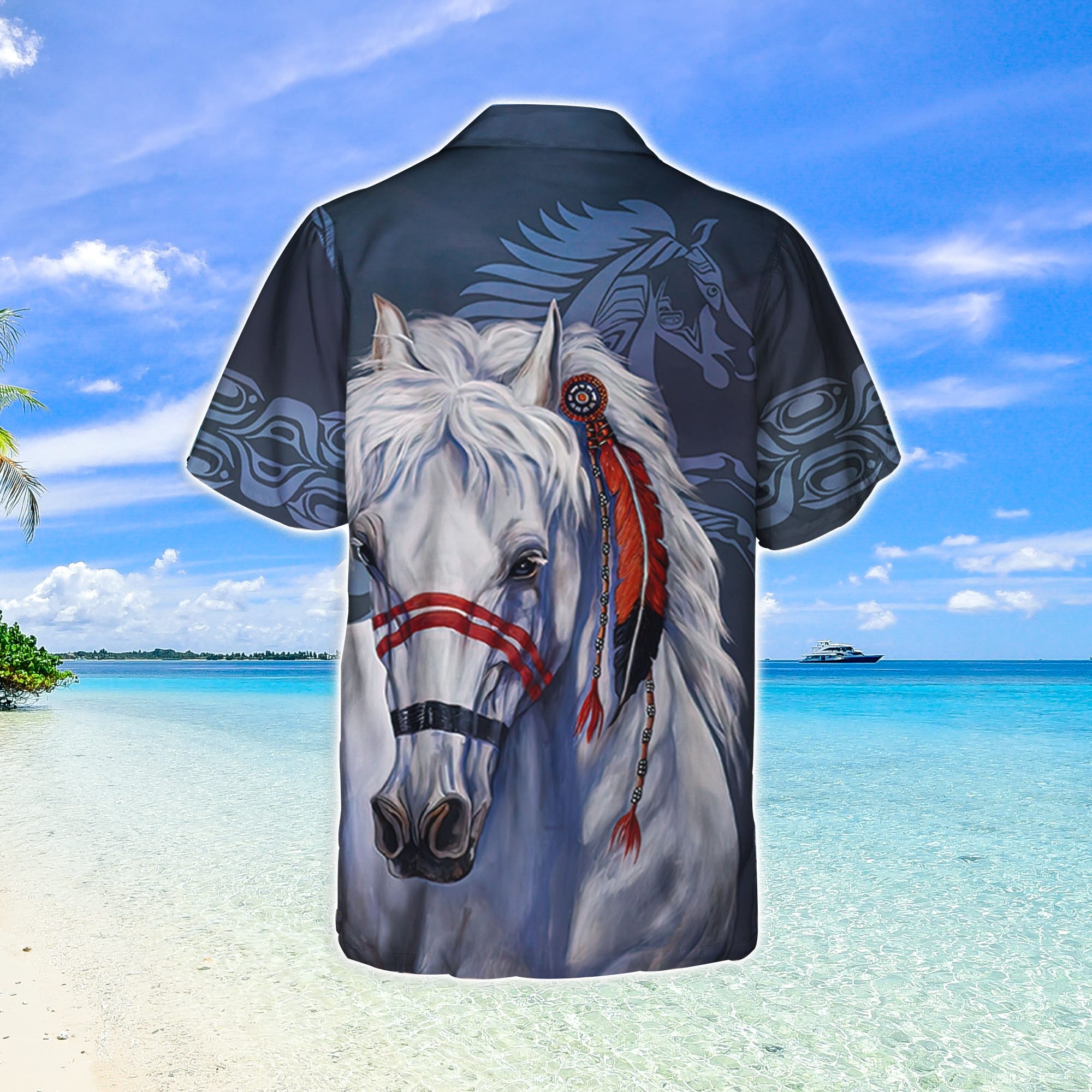 Horse Trendy Hawaiian Shirt Native American White Horse Blue