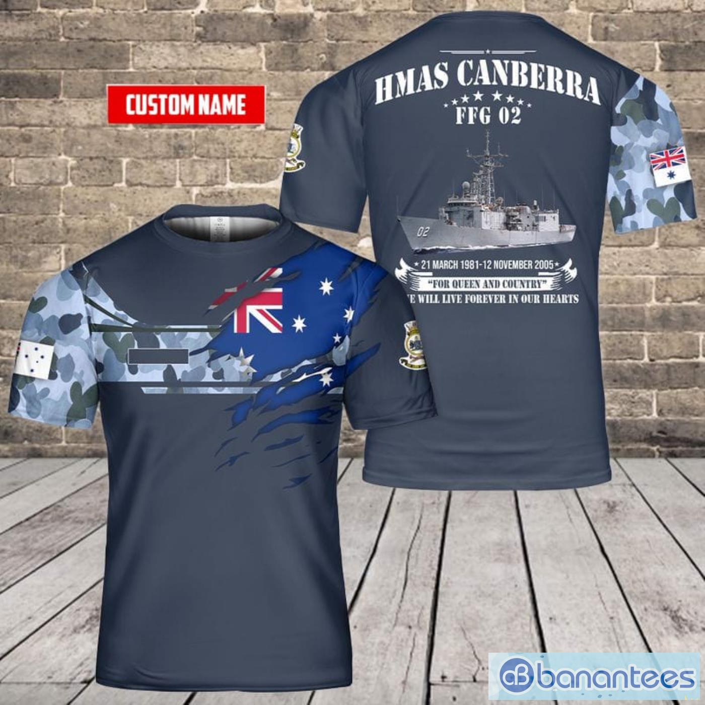 Custom Name Royal Australian Navy RAN HMAS Canberra (FFG 02) All Print 3D T-Shirt Product Photo 1